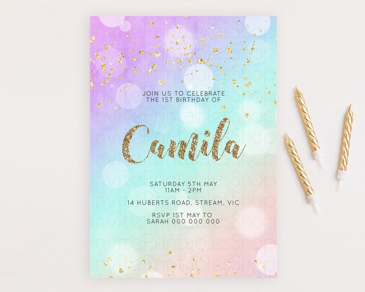 Rainbow Birthday Invitation Colorful Pastel Watercolor Invitation Gold Glitter Sprinkles Ombre Pastel 1st 2nd 3rd Birthday D10621