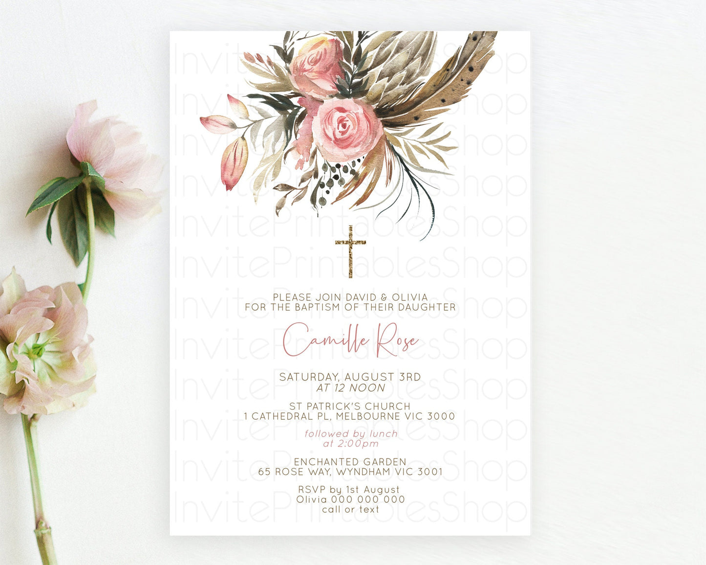 Secret Garden Baptism Invitation Wildflower Baptism Birthday Invite Pastel Flowers Christening Invite Enchanted Garden Boho Floral  D10686