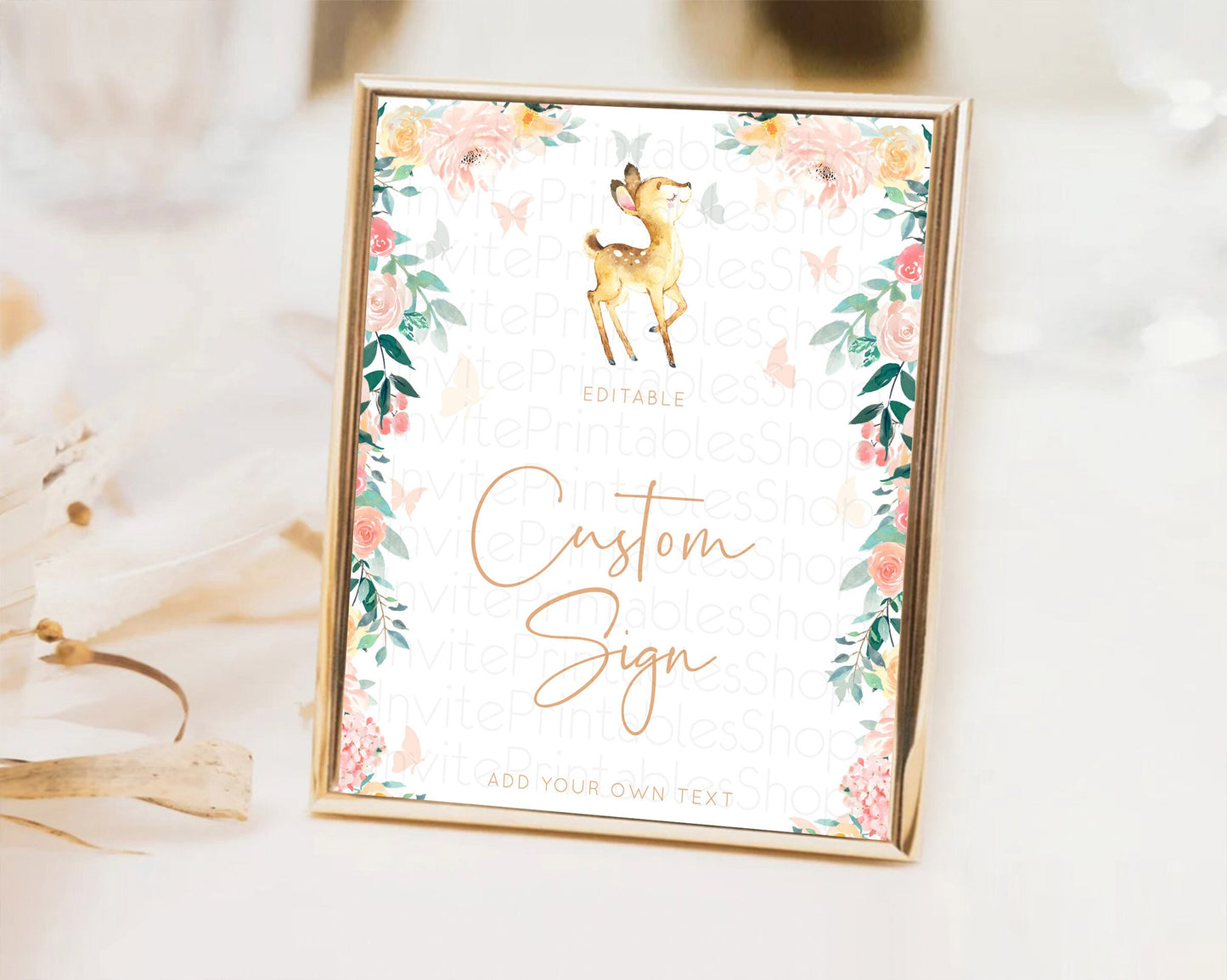 Fawn Deer Sign Pastel Floral Deer Table Sign Decor  Enchanted Forest Butterfly Party 1st Birthday Baptism Baby Shower Bridal Shower D10753