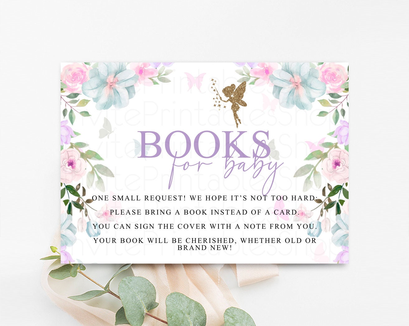 Editable Fairy Floral Books for Baby Card Enchanted Garden Book Insert Glitt