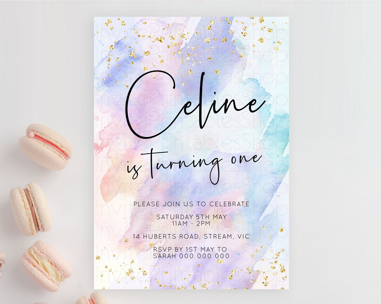 Rainbow Birthday Invitation Colorful Pastel Watercolor Invitation Gold Glitter Sprinkles Ombre Pastel 1st 2nd 3rd Birthday D10585