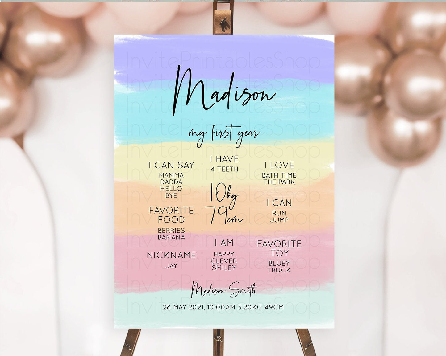 Pastel First Birthday Milestone Board Pastel Rainbow Milestone Poster Colorful Confetti Watercolor Glitter 1st Birthday Welcome Sign D10510