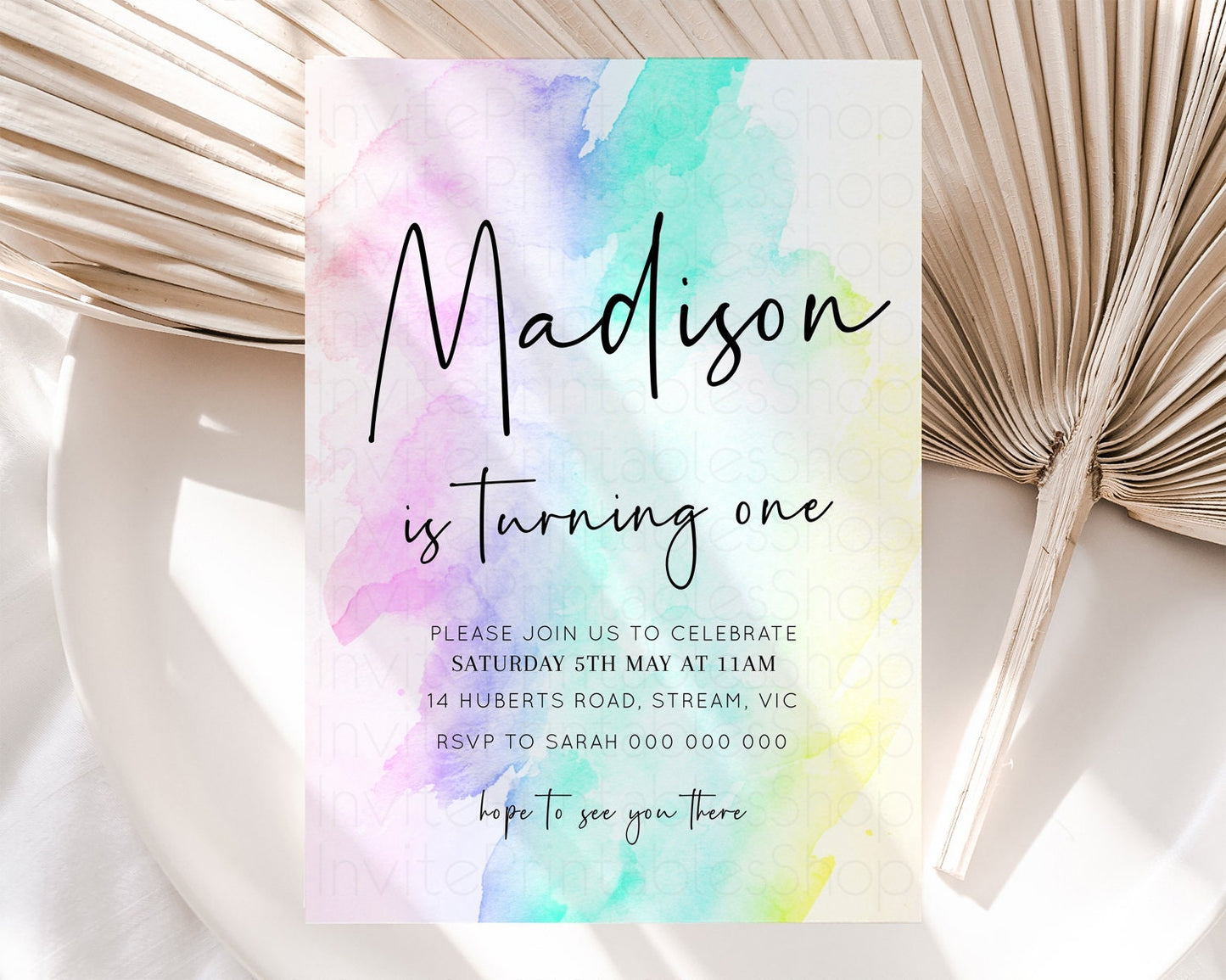 Rainbow Watercolor Birthday Invitation Pastel Rainbow Birthday Invite Ombre Colorful Invite Glitter Art Party Invitation 1st 2nd 3rd F210