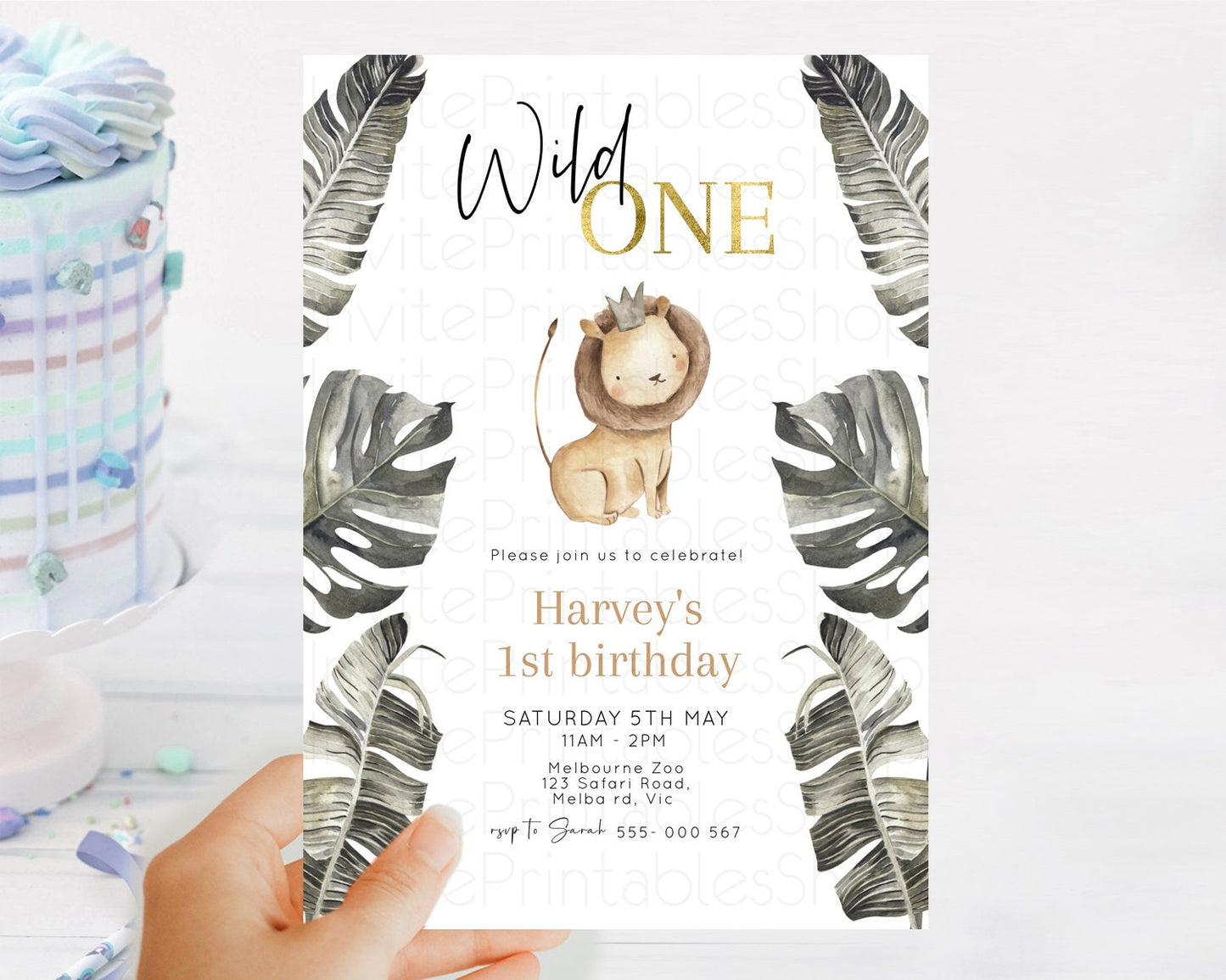 Safari Birthday Invitation Lion Gorilla Elephant Rhino Tropical Palm Jungle Safari Adventure Zoo Party Animal 2nd 1st First Birthday D10599
