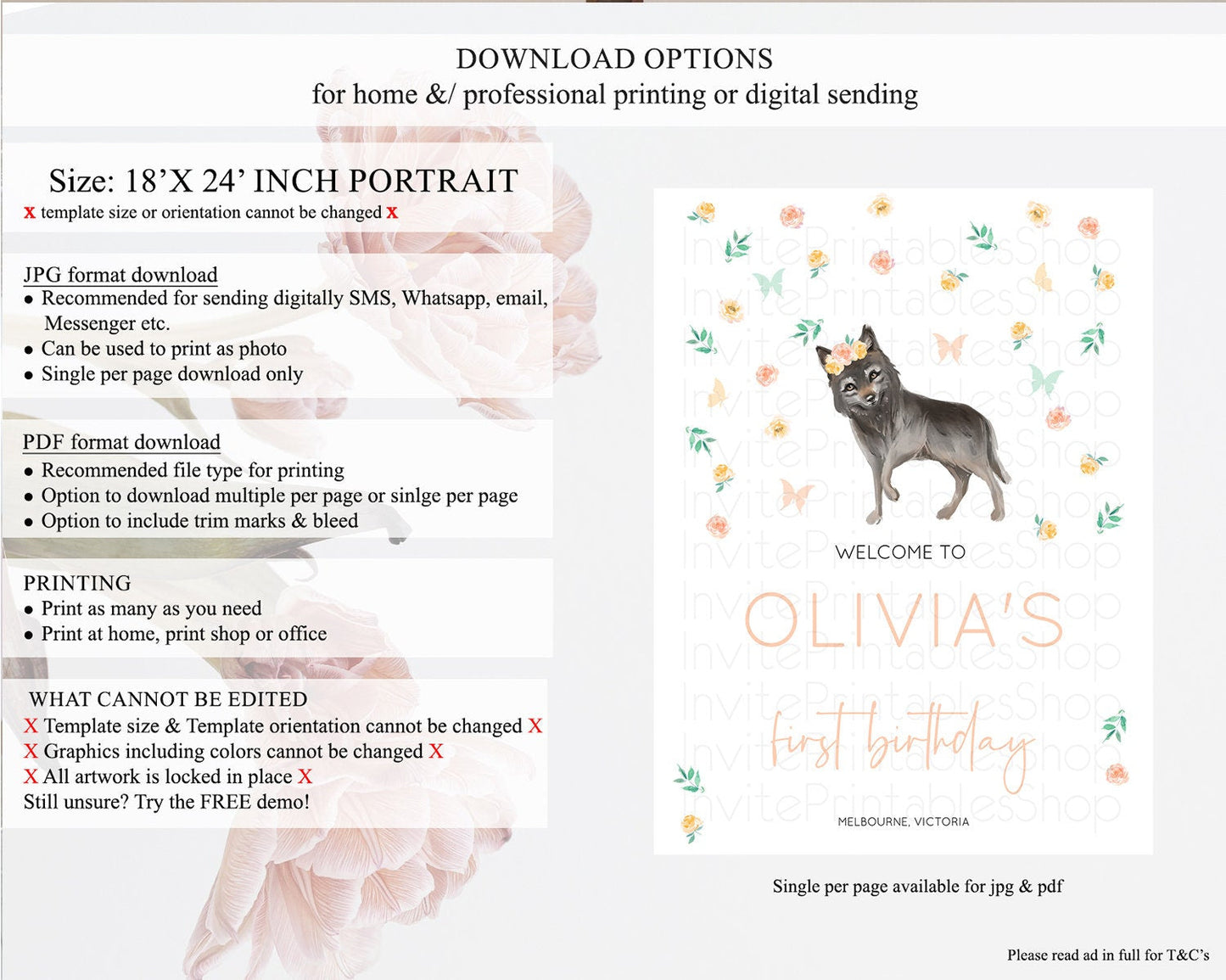 Wolf Welcome Sign Wolf Welcome Board Pastel Floral Wolf Welcome Poster Forest Wolf Party Decor Wolf First Birthday Welcome Sign D10362