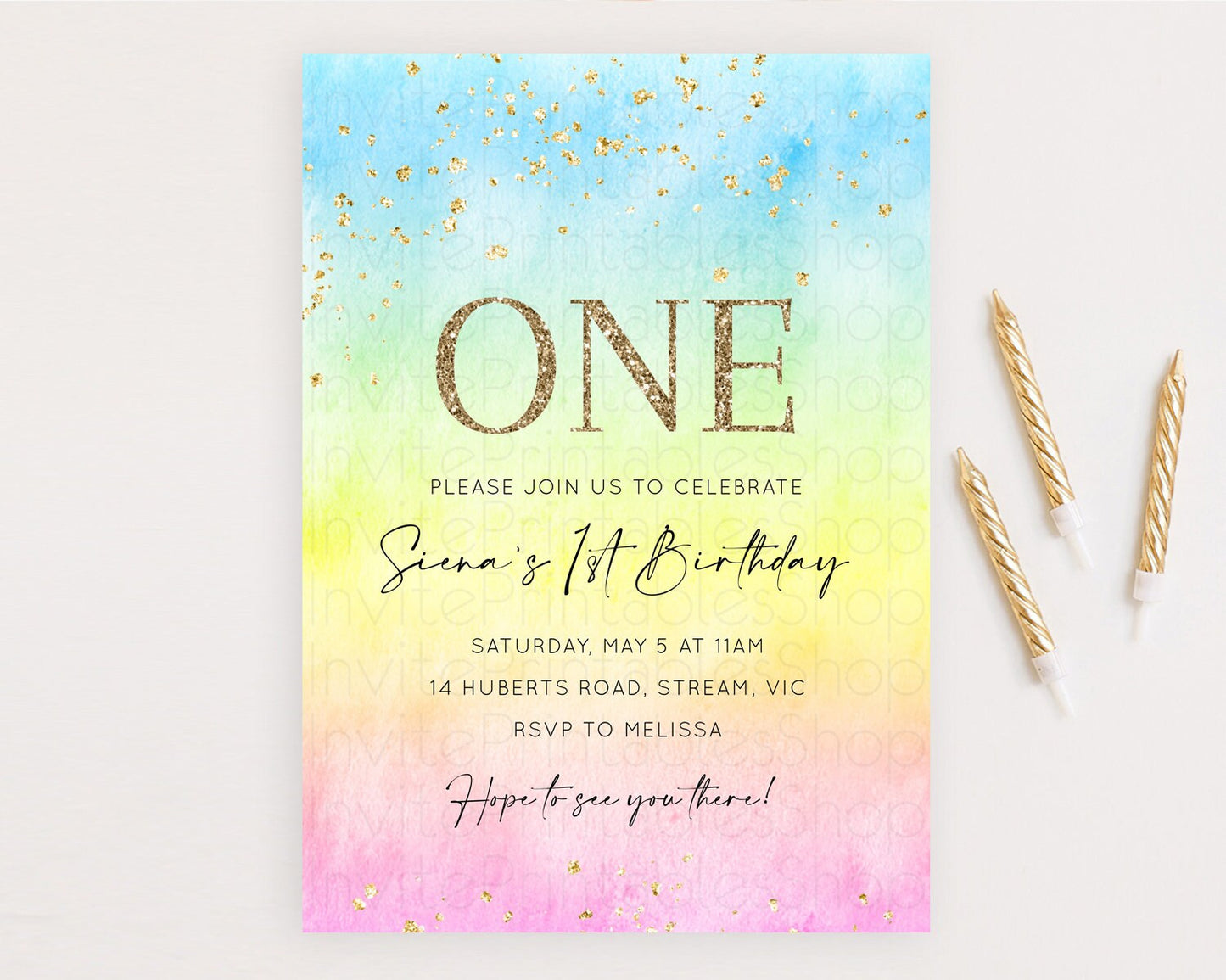 Rainbow Birthday Invitation Colorful Pastel Watercolor Invitation Gold Glitter Sprinkles Ombre Pastel 1st 2nd 3rd Birthday D10483