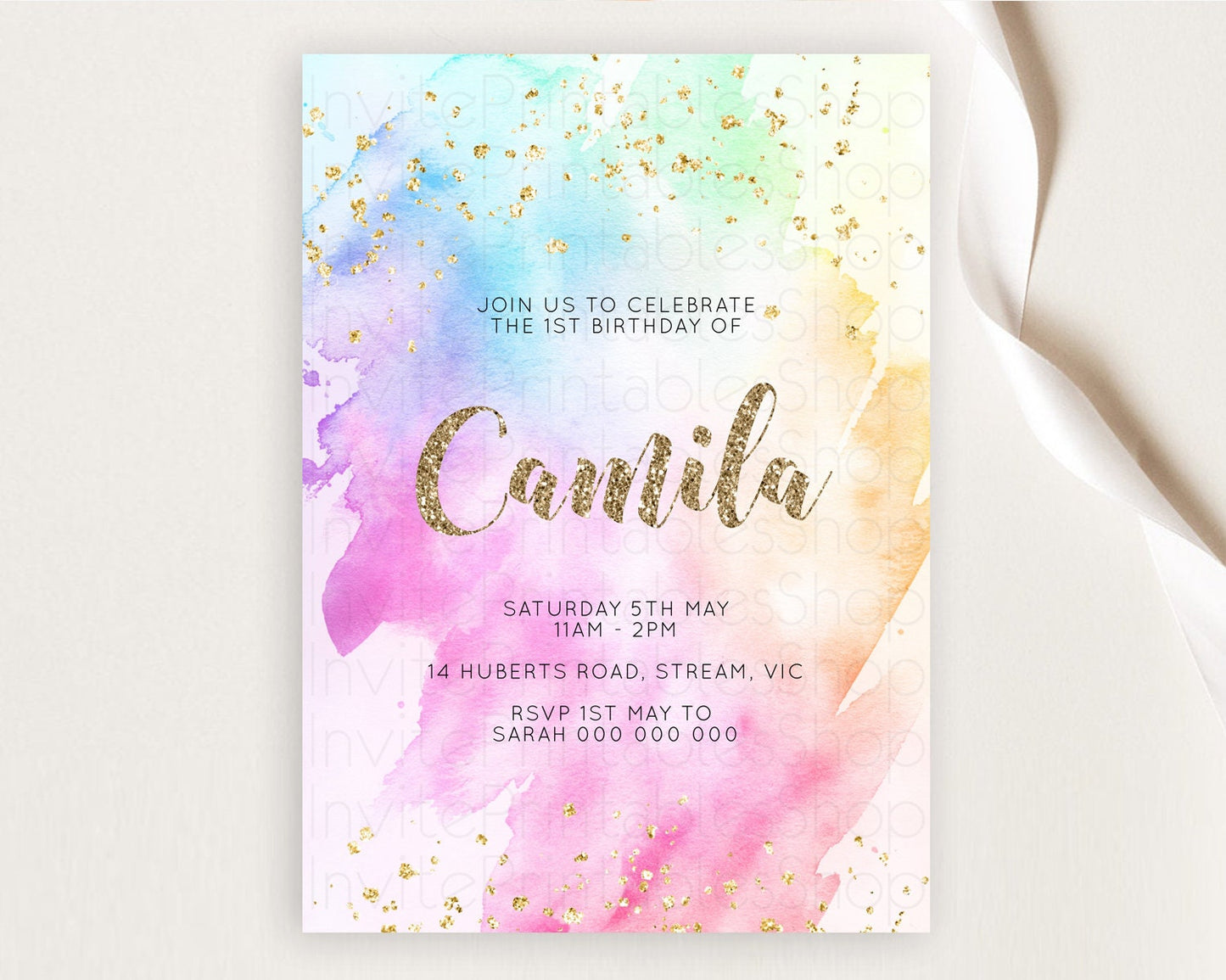Rainbow Birthday Invitation Colorful Pastel Watercolor Invitation Gold Glitter Sprinkles Ombre Pastel 1st 2nd 3rd Birthday D10450