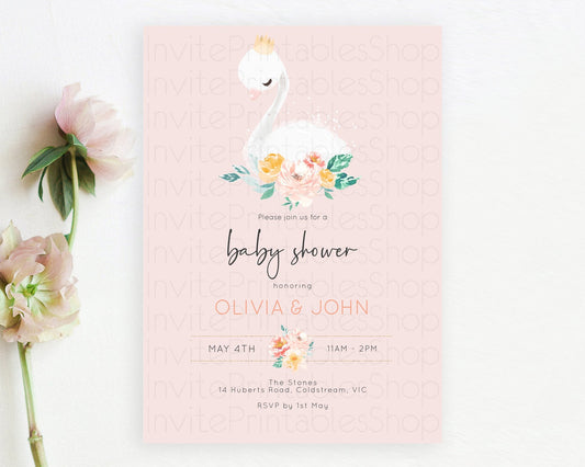 Swan Lake Baby Shower Invitation: Secret Garden, Swan Princess Ballet, Watercolor Pastel Floral, Butterfly Accents, Soft Pink, Green D10388