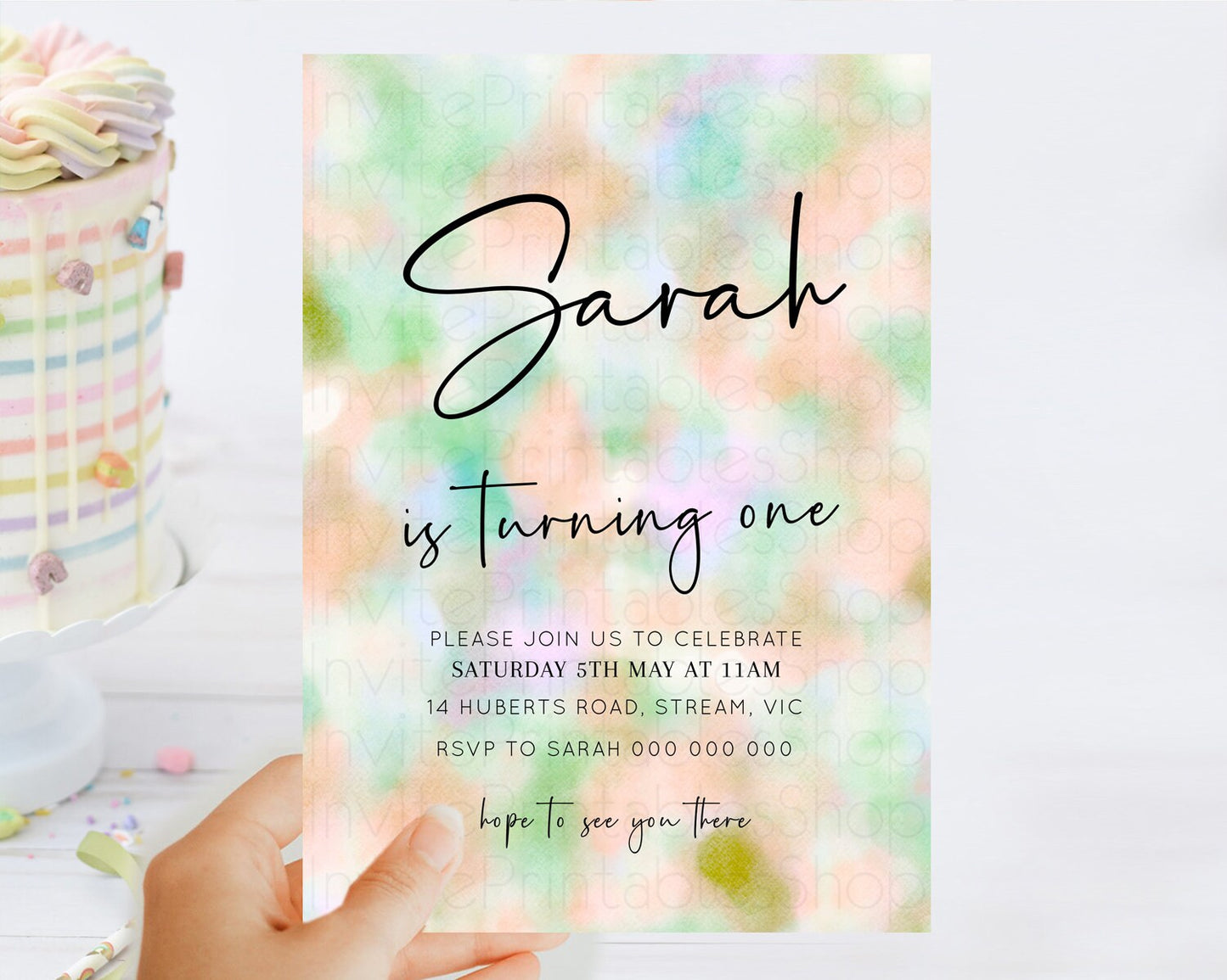 Rainbow Birthday Invitation Colorful Pastel Watercolor Invitation Gold Glitter Sprinkles Ombre Pastel 1st 2nd 3rd Birthday D10693