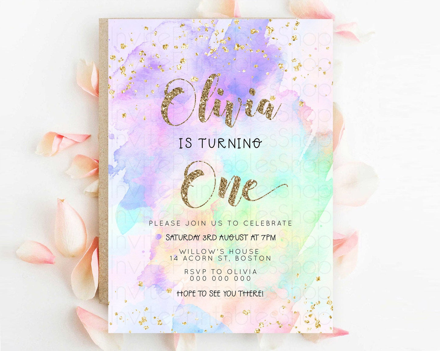 Rainbow Birthday Invitation Colorful Pastel Watercolor Invitation Gold Glitter Sprinkles Ombre Pastel 1st 2nd 3rd Birthday D23297