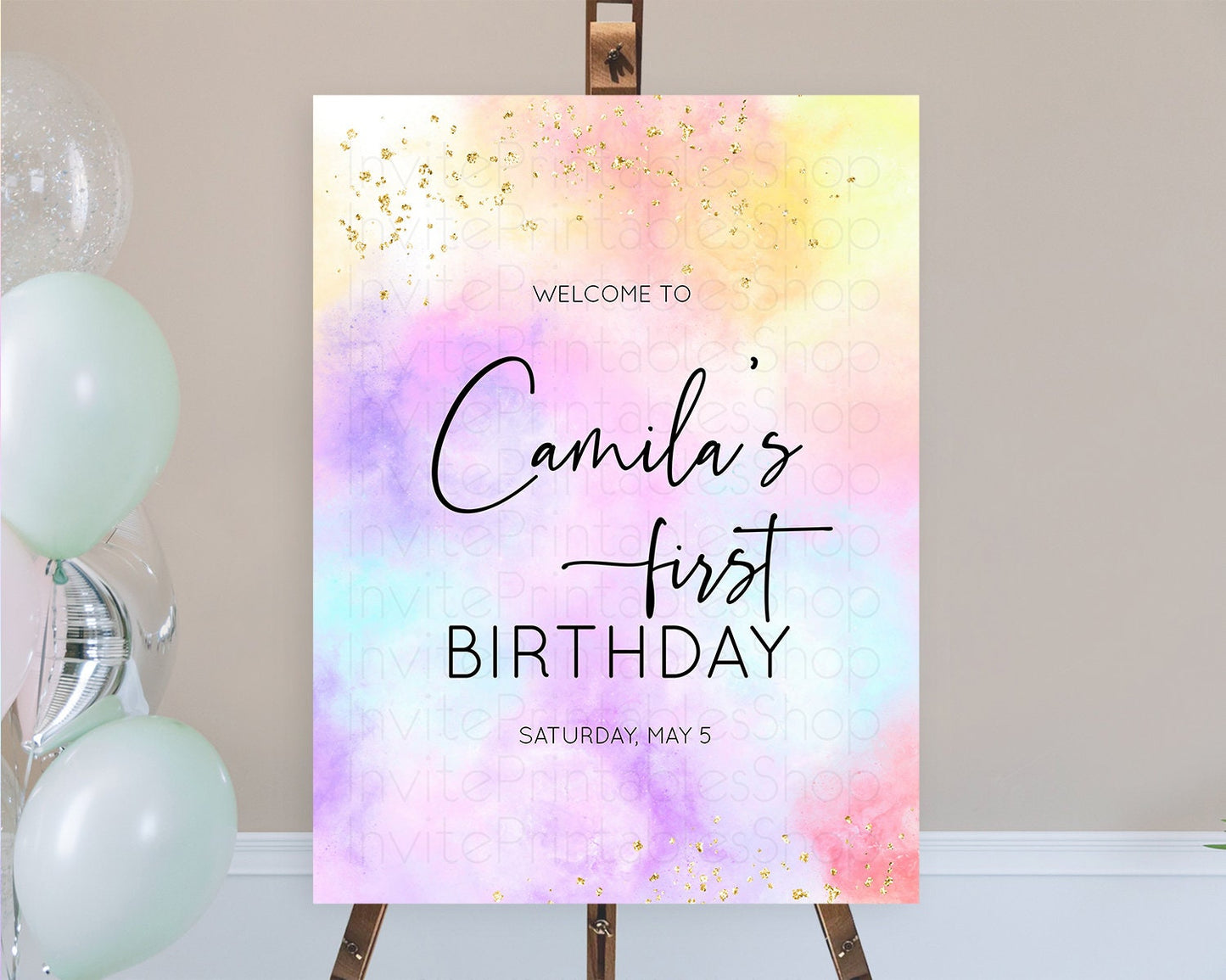 Pastel Welcome Sign Pastel Rainbow Welcome Sign Colorful Rainbow Confetti Watercolor Glitter Pastel First Birthday Welcome Sign D10437