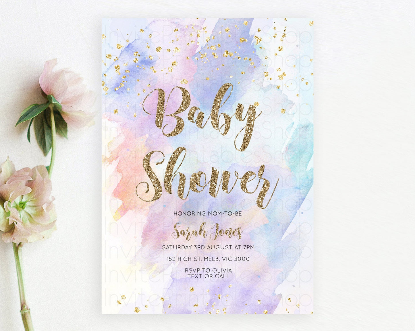 Pastel Baby Shower Invitation Rainbow Baby Shower Invitation Colorful Pastel Watercolor Invitation Gold Glitter Sprinkles Ombre D10583