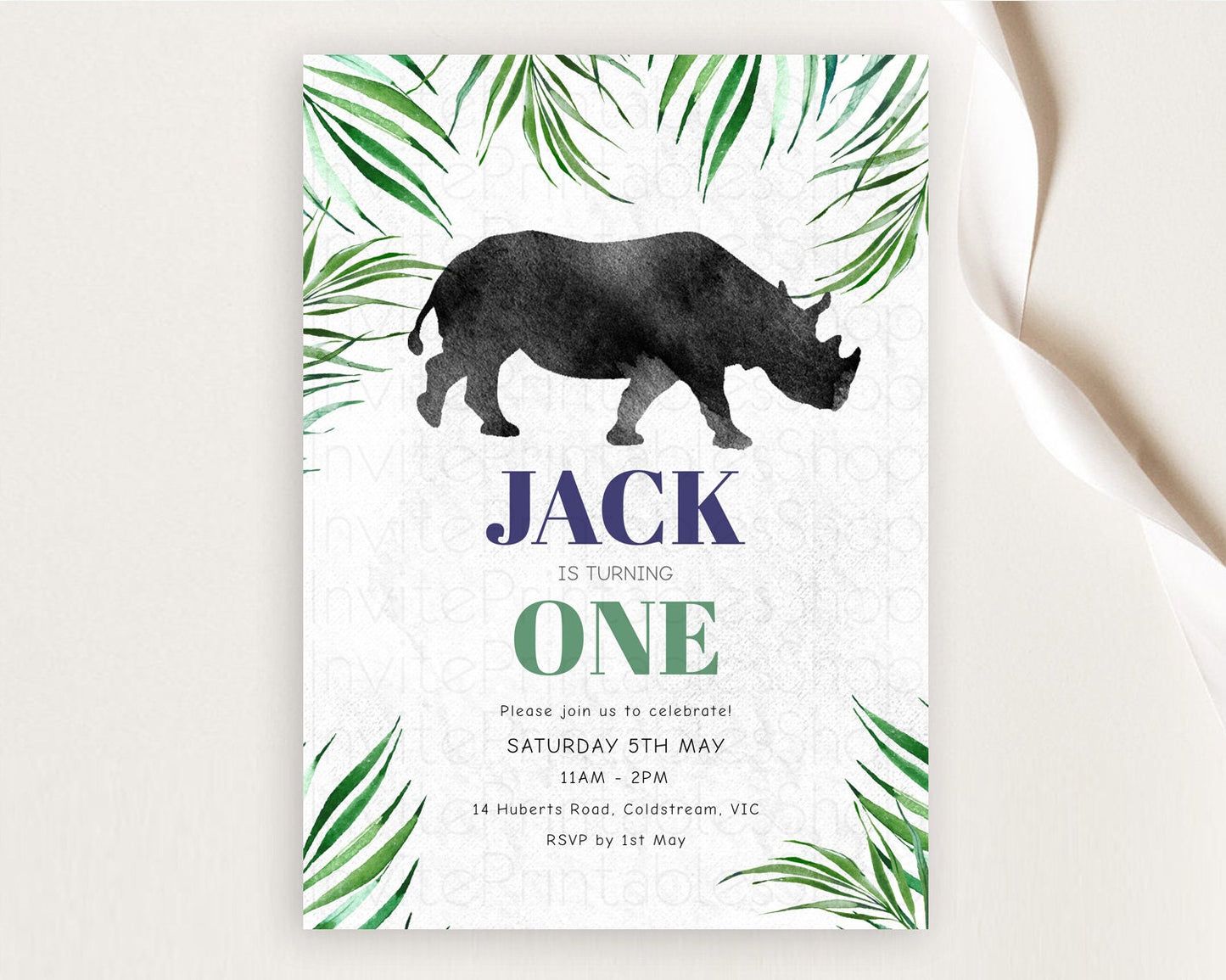 Rhino Birthday Invitation Rhino Invitation Rhino Birthday Rhino Safari Adventure Invite Rhino Palm Leaf Invite Zoo Party D10843