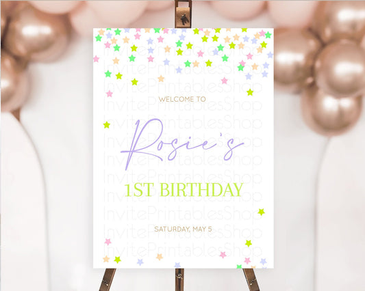 Star Welcome Board Pastel Stars Welcome Sign Shooting Star Rainbow Colorful Confetti Twinkle Little Star First Birthday Welcome Sign D10396