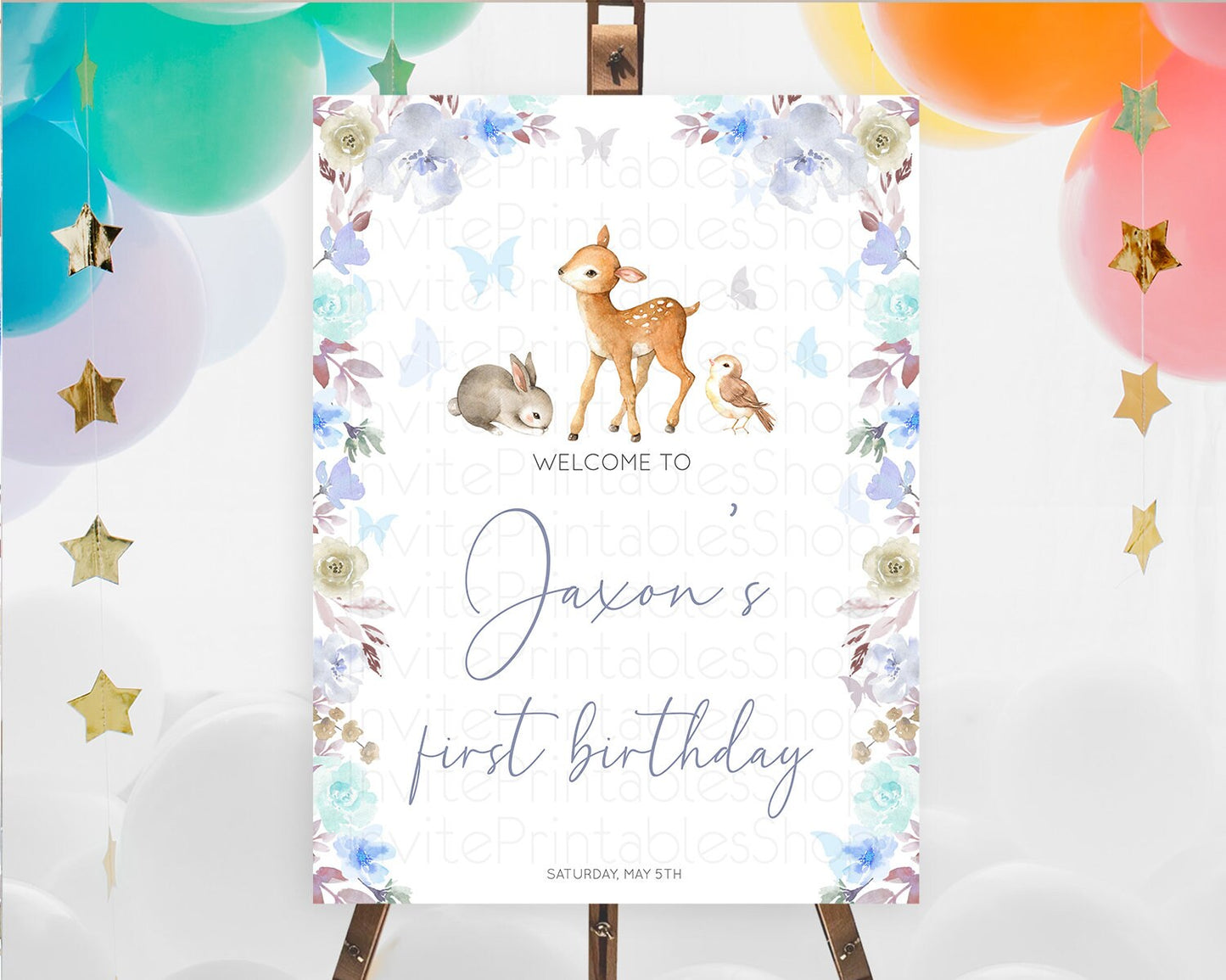 Fawn Welcome Sign Deer Welcome Board Floral Deer Welcome Poster Enchanted Forest Butterfly Pastel Floral First Birthday Welcome Sign D10929