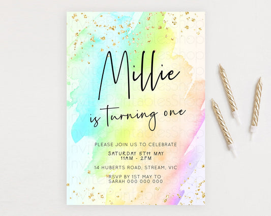 Pastel Birthday Invitation Ombre Watercolor Birthday Invitation Glitter Rainbow Color Splash 1st 2nd 3rd Birthday Invitation D23051