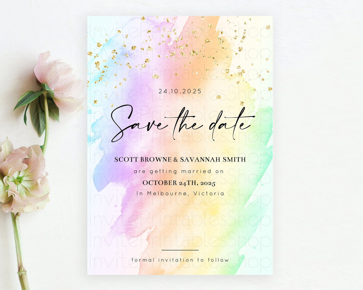 Pastel Save The Date Template Pastel Ombre Rainbow Watercolor Colorful Party For Birthday Baptism Baby Shower Wedding Bridal Shower D10645