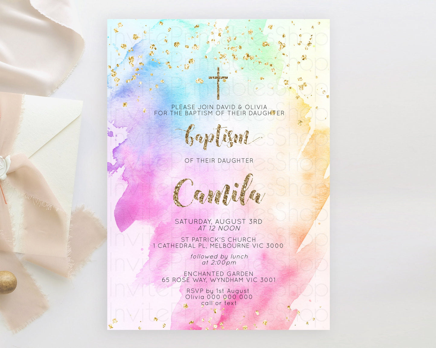 Pastel Baptism Invitation Pastel Colors Watercolor Baptism 1st Birthday Party Gold Ombre Pastel Rainbow Christening Holy Communion D10450