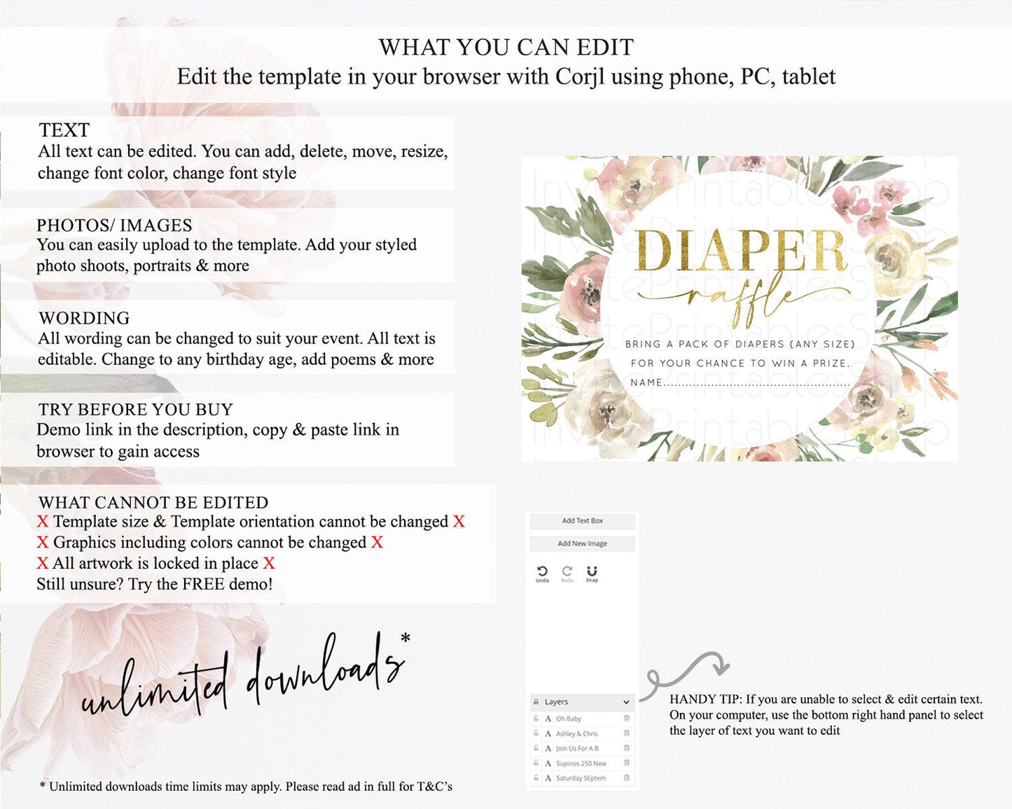 Secret Garden Diaper Raffle Card Boho Wildflower Diaper Raffle Insert Pastel Flower Garden Baby Shower Card Flower Raffle Game D10202