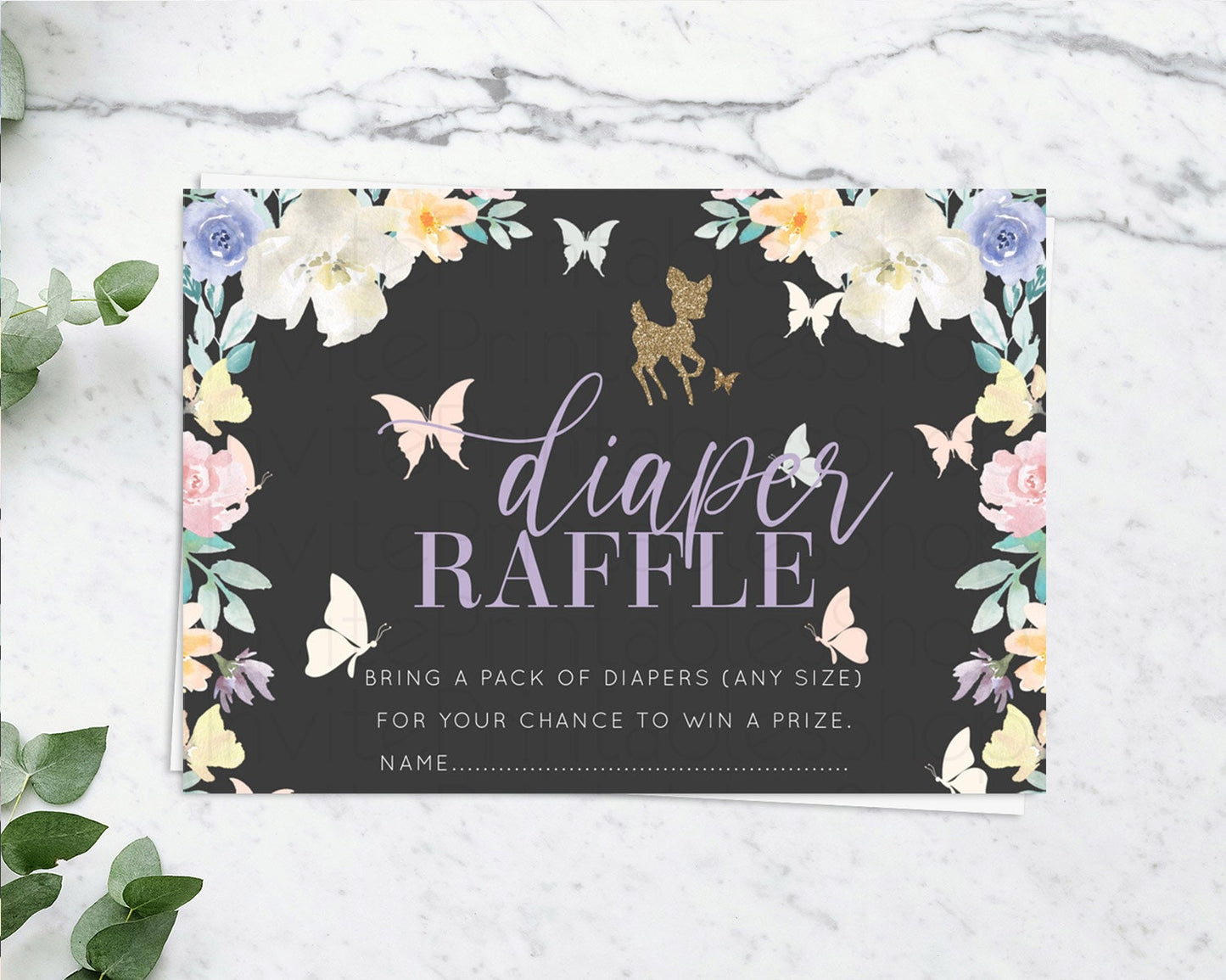 Fawn Diaper Raffle Card Deer Diaper Insert Floral Deer Diaper Ticket Enchanted Forest Butterfly Pastel Baby Shower Raffle Game D10323