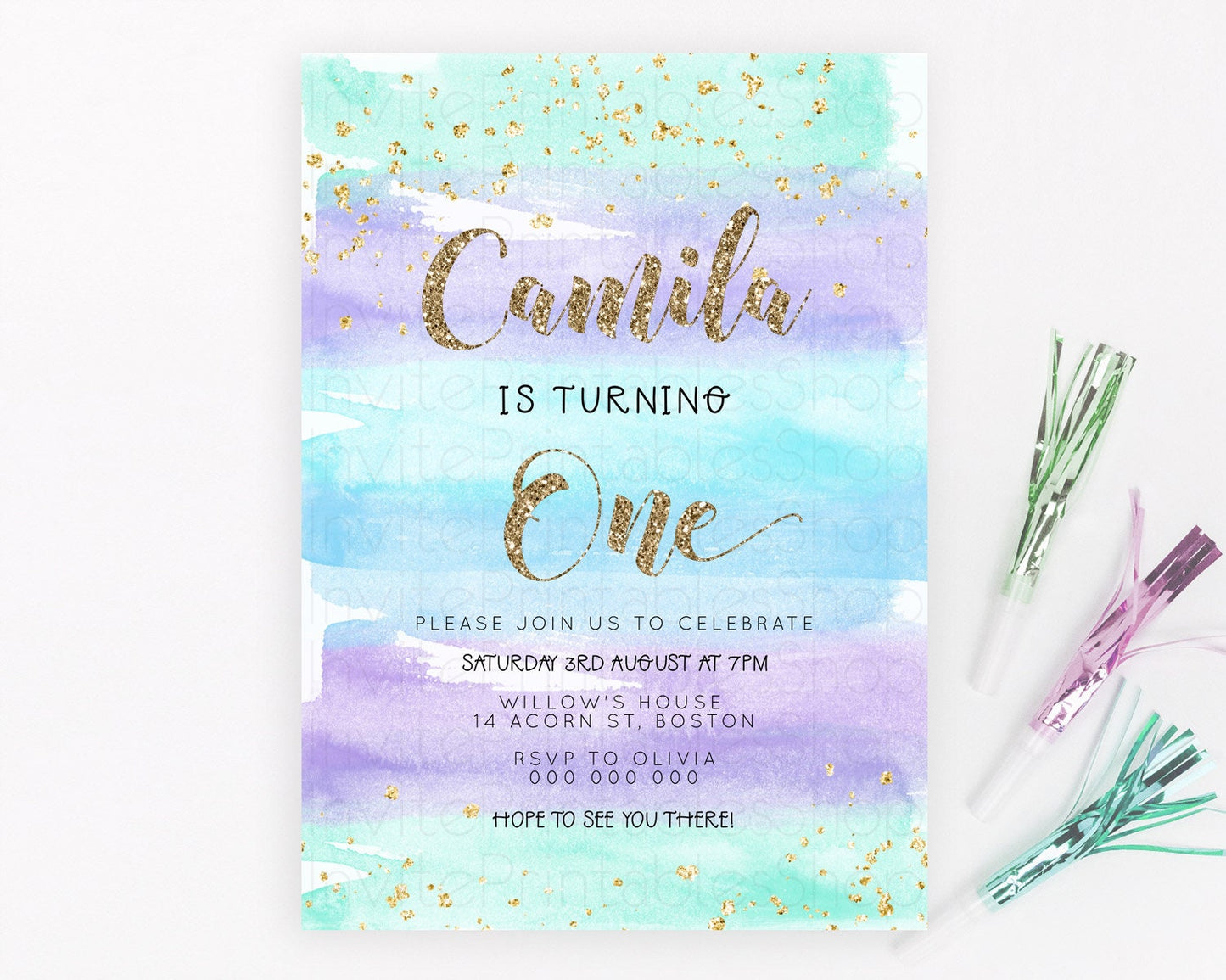 Rainbow Birthday Invitation Colorful Pastel Watercolor Invitation Gold Glitter Sprinkles Ombre Pastel 1st 2nd 3rd Birthday D23270