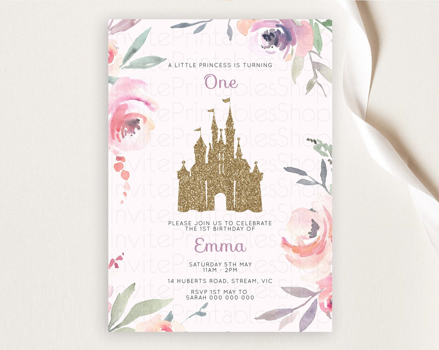 Princess Birthday Invitation Castle Invitation Royal Birthday Fairy Tale Enchanted Castle Pastel Floral Garden 1st First Birthday D10195