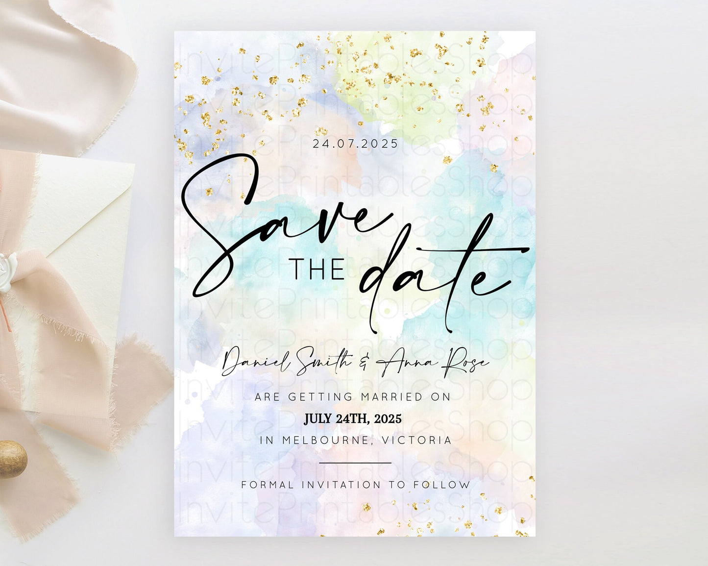 Pastel Save The Date Template Pastel Ombre Rainbow Watercolor Colorful Party For Birthday Baptism Baby Shower Wedding Bridal Shower D10613