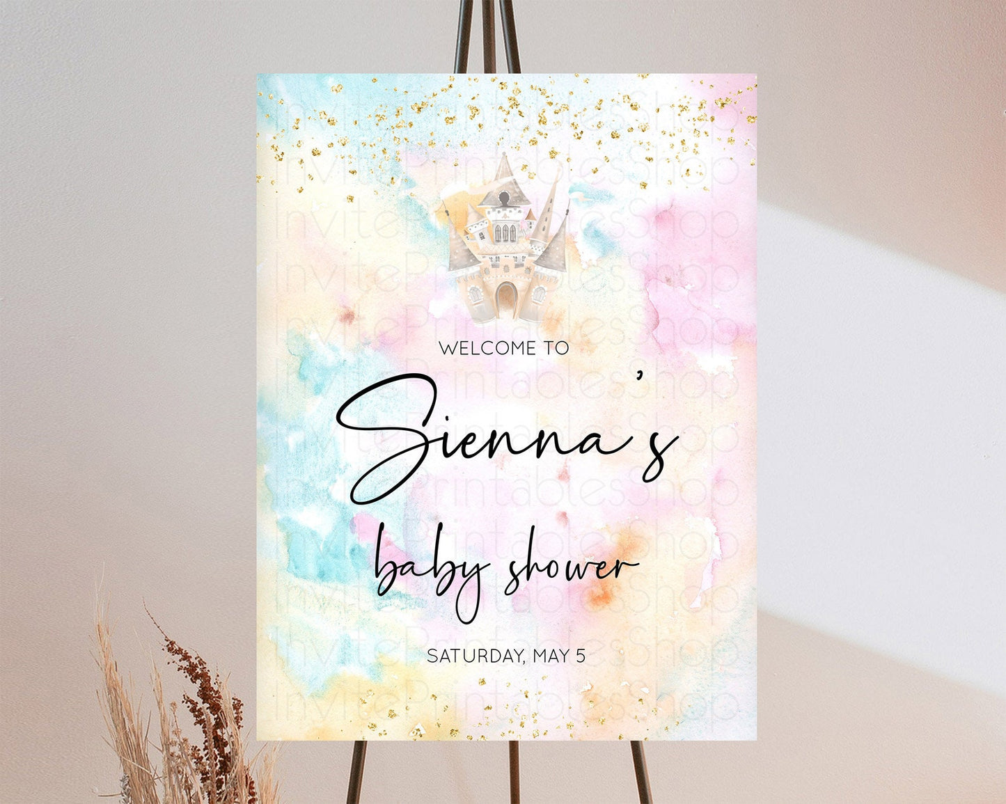 Princess Baby Shower Welcome Sign Pastel Princess Welcome Board Pastel Rainbow Colorful Enchanted Castle Watercolor Welcome Sign D11029