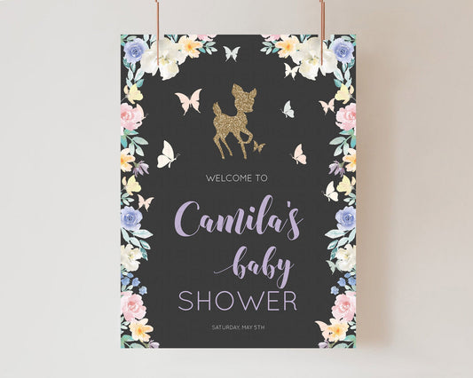 Fawn Baby Shower Welcome Sign Deer Welcome Board Floral Deer Welcome Poster Enchanted Forest Butterfly Pastel Floral Welcome Sign D10880