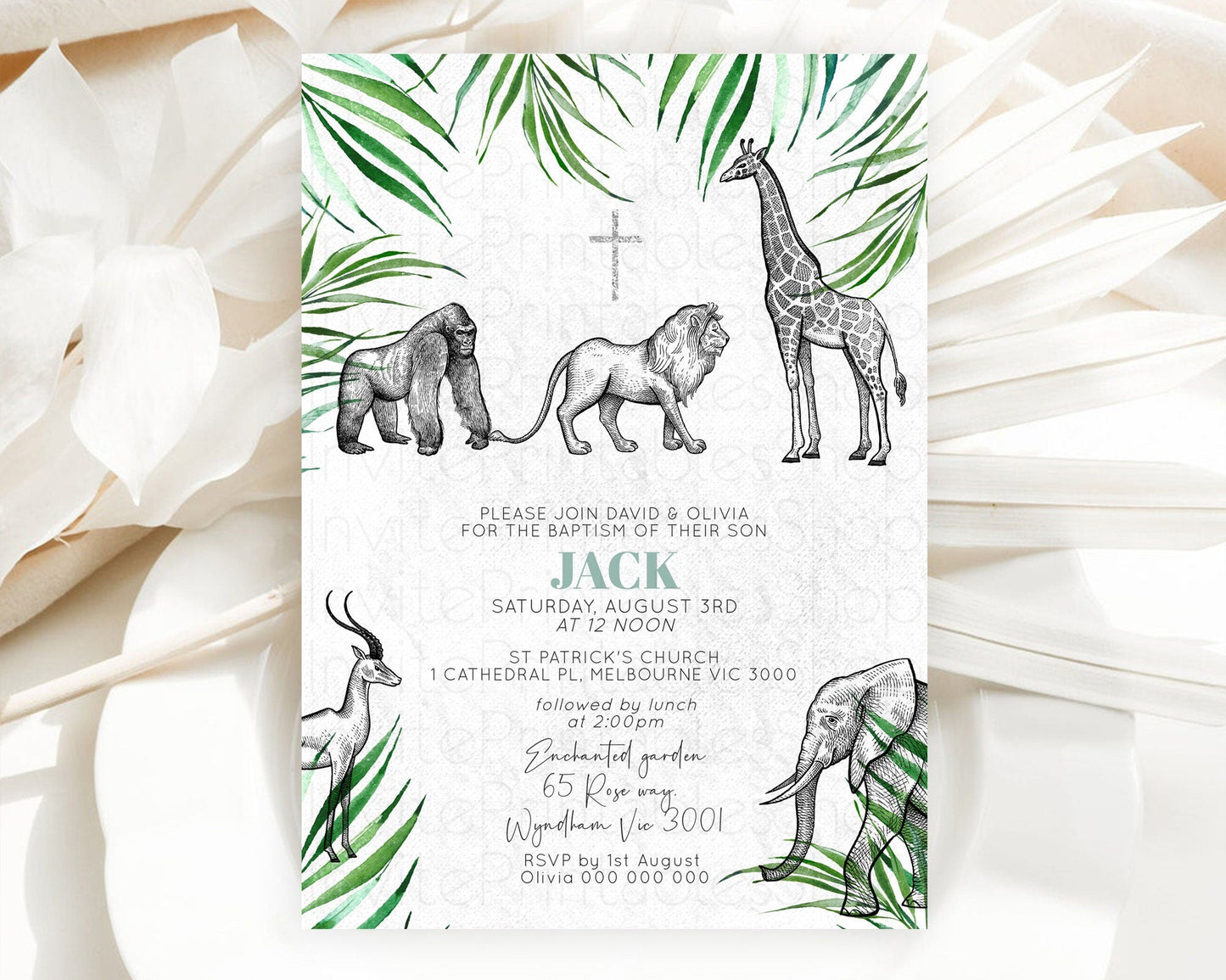 Safari Baptism Invitation Safari Adventure Baptism Birthday Invitation Lion Gorilla Elephant Rhino Tropical Palm Jungle Adventure D10853