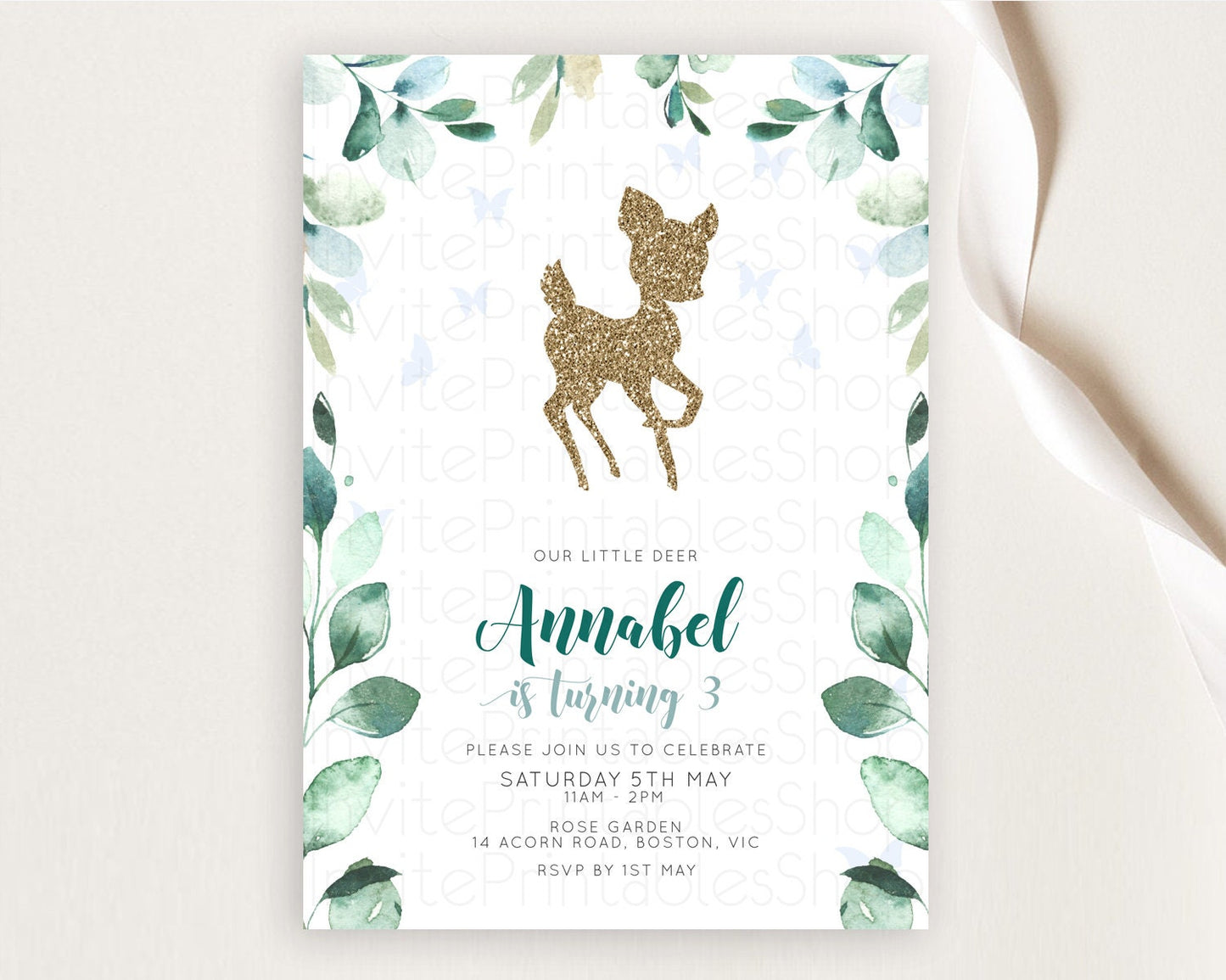 Fawn Birthday Invitation Deer Birthday Invitation Enchanted Forest Party Butterfly Pastel Flowers Whimsical 2nd 1st First Birthday D10882