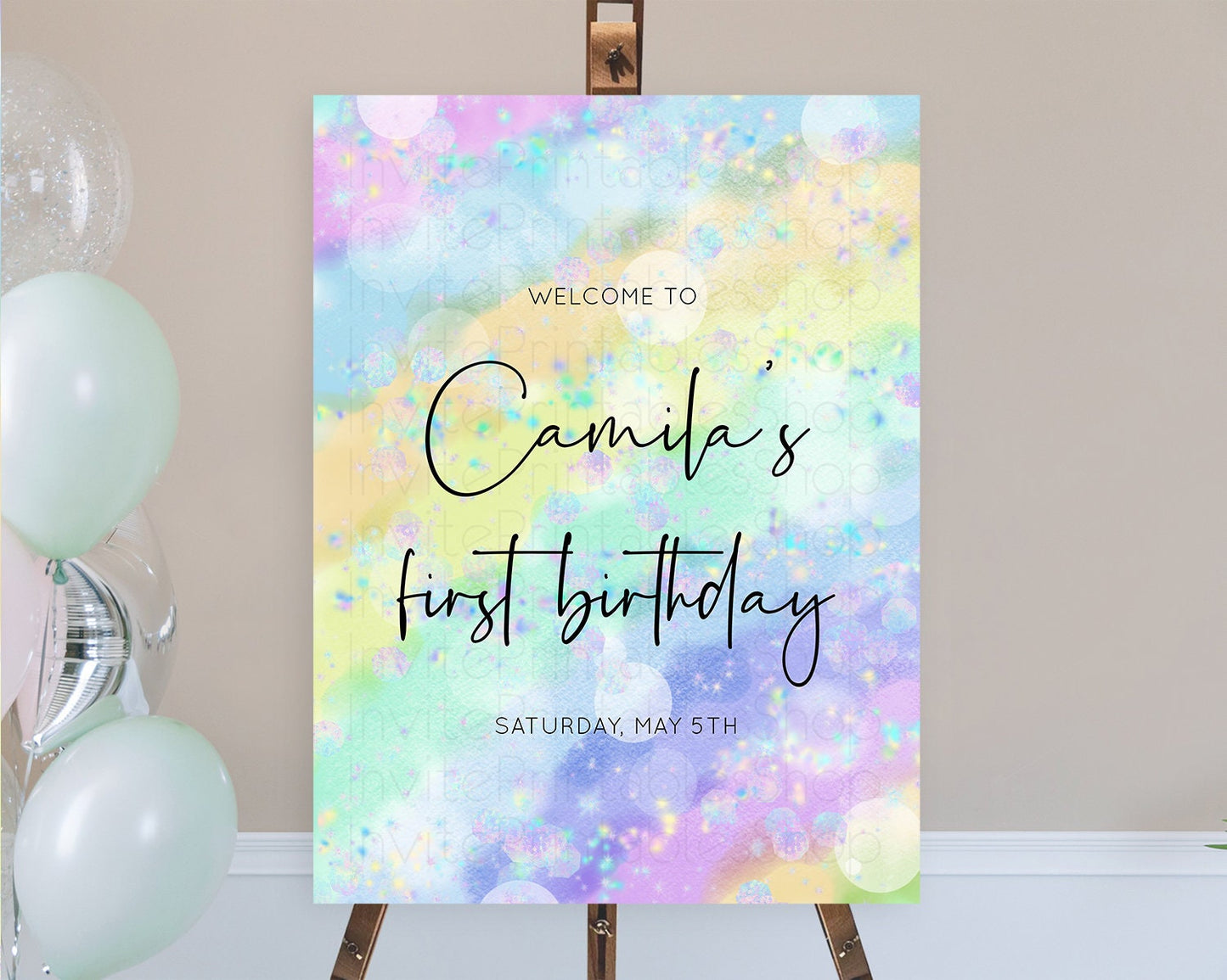 Pastel Welcome Sign Pastel Rainbow Welcome Sign Colorful Rainbow Confetti Watercolor Glitter Pastel First Birthday Welcome Sign D10689