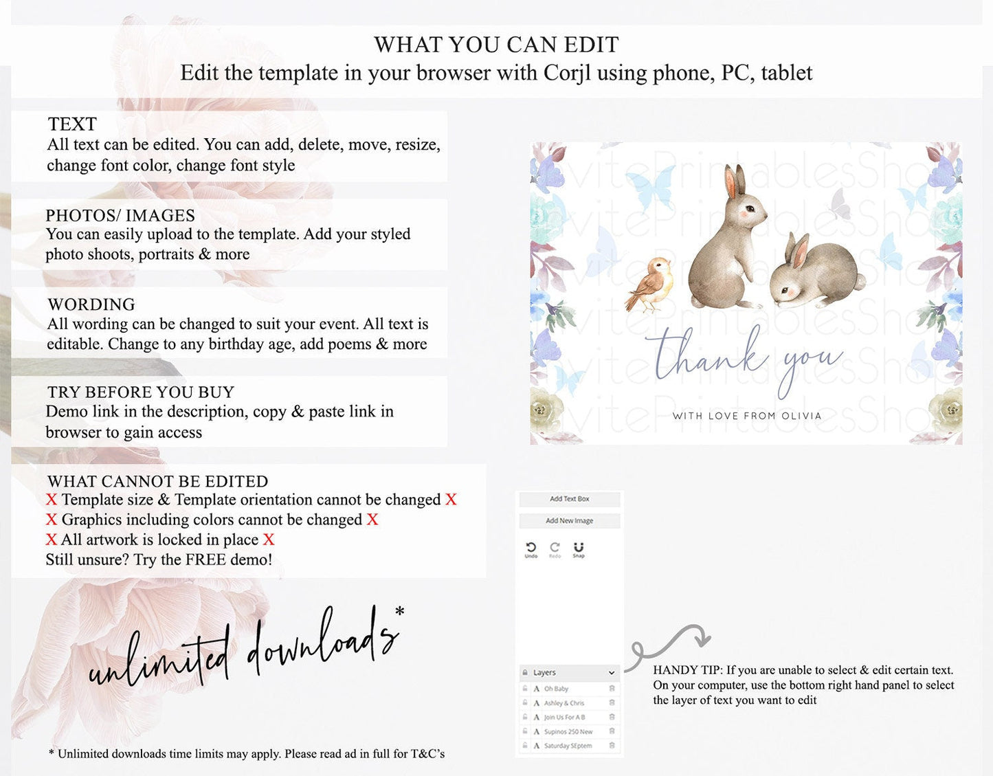 Bunny Thank You Floral Bunny Thank You Card Pastel Flowers Bunny Birthday Thank You Card Secret Garden Bunny Teacher Thank You Cards D10927