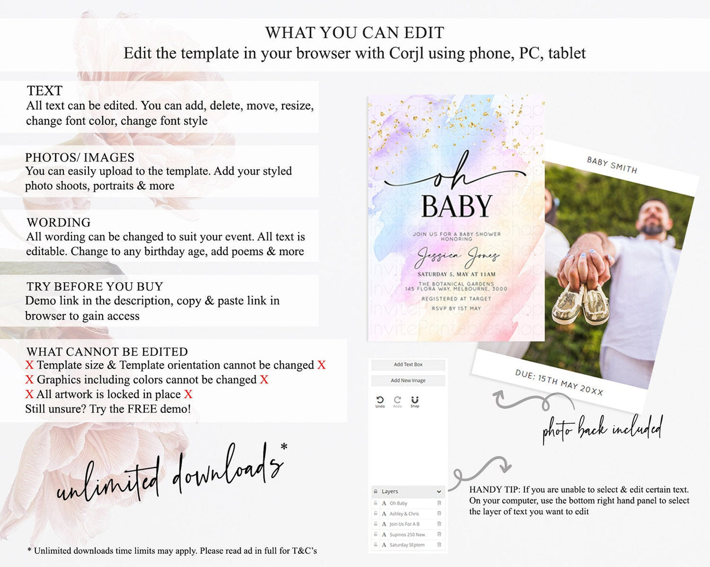 Pastel Baby Shower Invitation Rainbow Baby Shower Invitation Colorful Pastel Watercolor Invitation Gold Glitter Sprinkles Ombre D10635