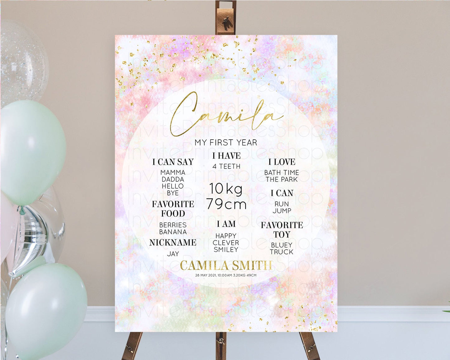 Pastel First Birthday Milestone Board Pastel Rainbow Milestone Poster Colorful Confetti Watercolor Glitter 1st Birthday Welcome Sign D10649