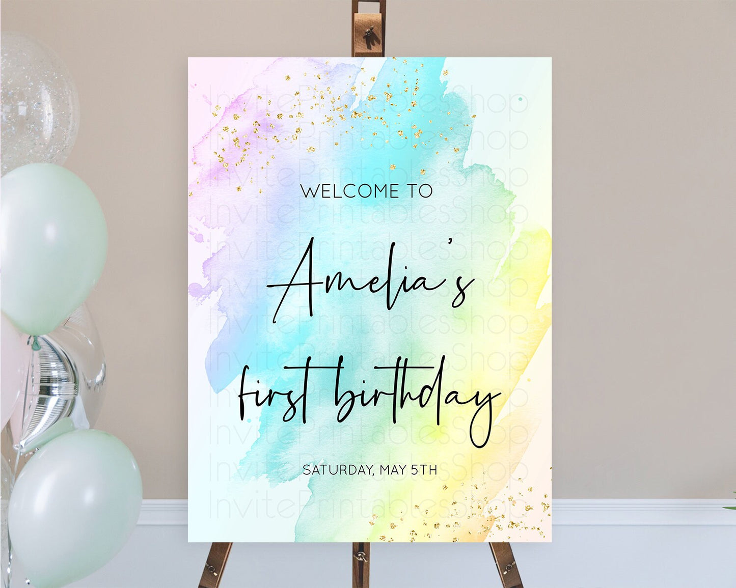 Pastel Welcome Sign Pastel Rainbow Welcome Sign Colorful Rainbow Confetti Watercolor Glitter Pastel First Birthday Welcome Sign D10171