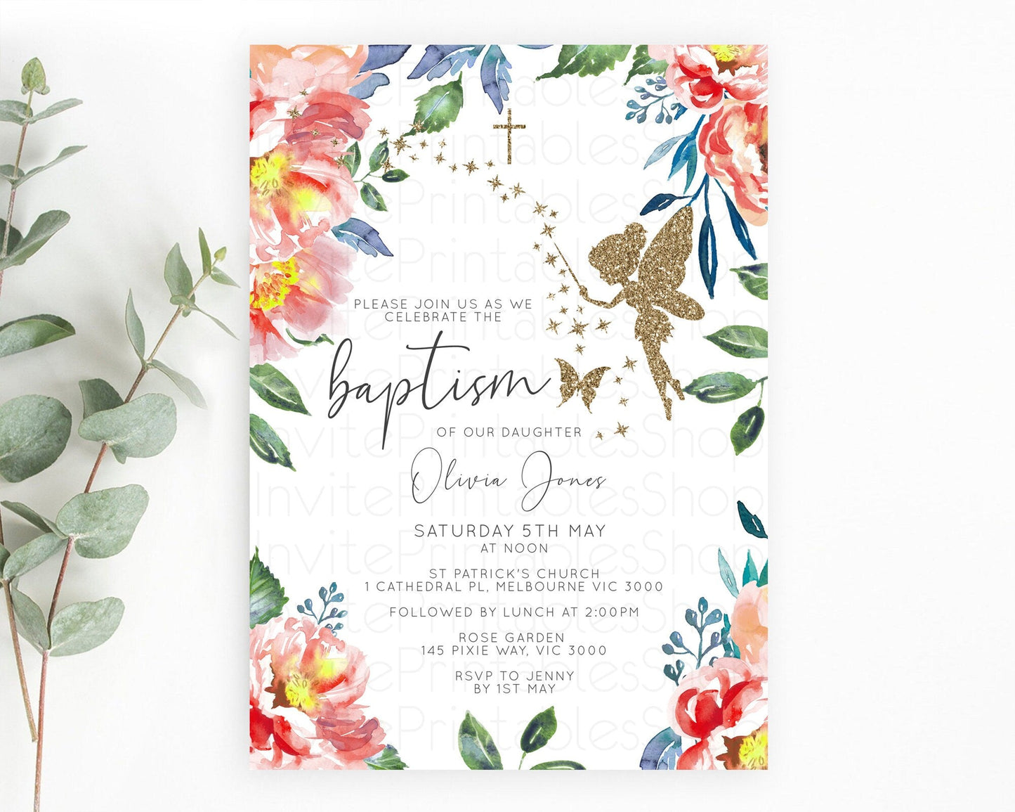 Fairy Baptism Invitation Fairy Baptism 1st Birthday Invitation Enchanted Secret Garden Christening Invite Pastel Floral Butterfly D10752