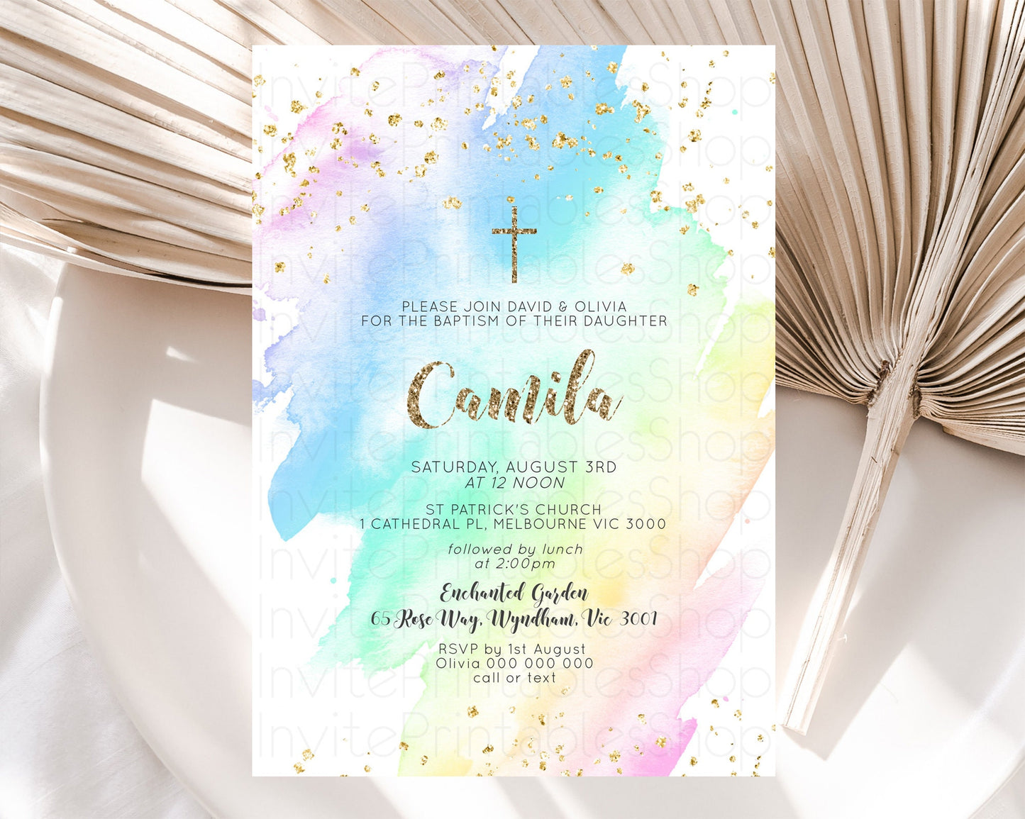 Pastel Baptism Invitation Pastel Colors Watercolor Baptism 1st Birthday Party Gold Ombre Pastel Rainbow Christening Holy Communion D10637