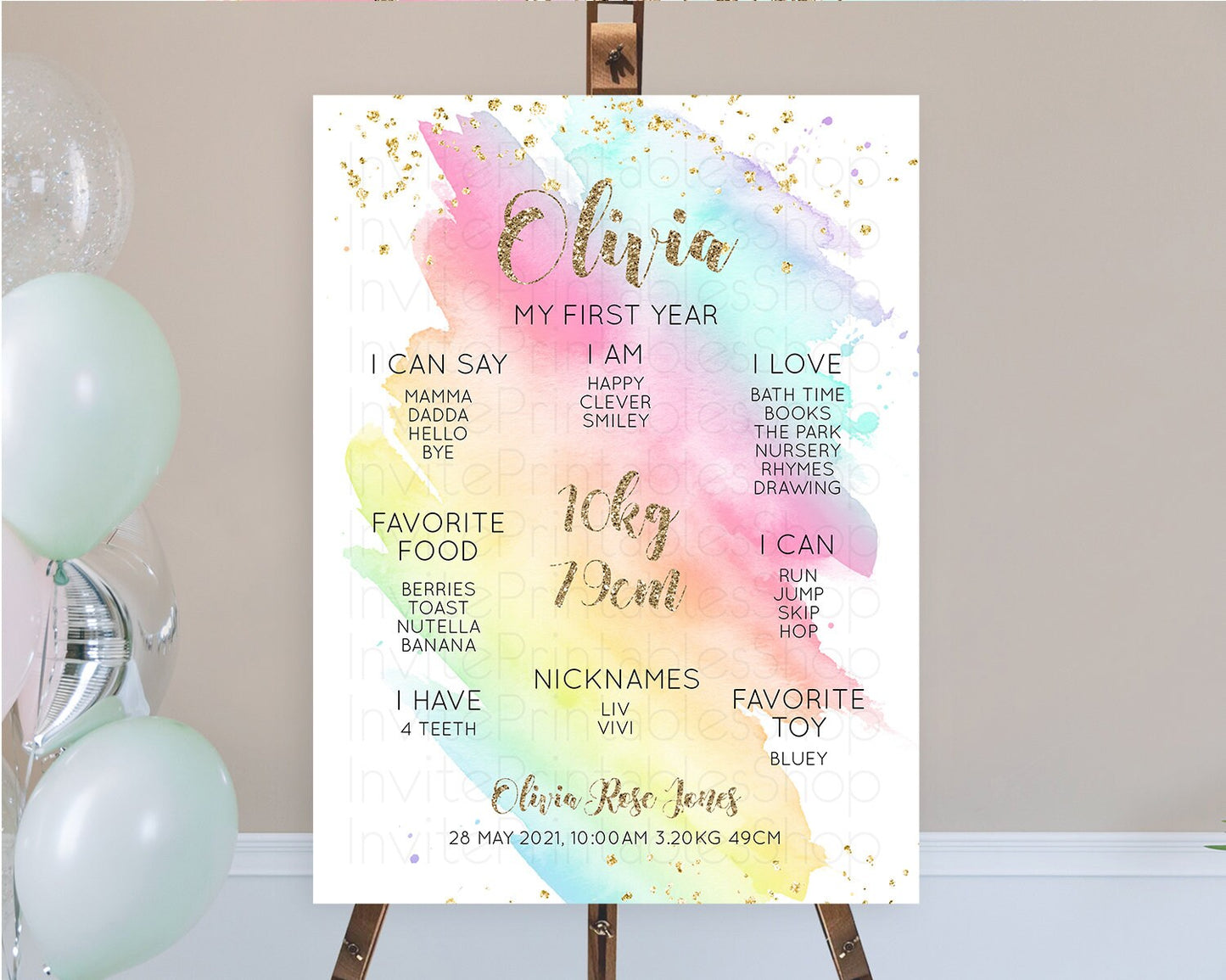 Editable Pastel First Birthday Milestone Board Pastel Rainbow Milestone Post