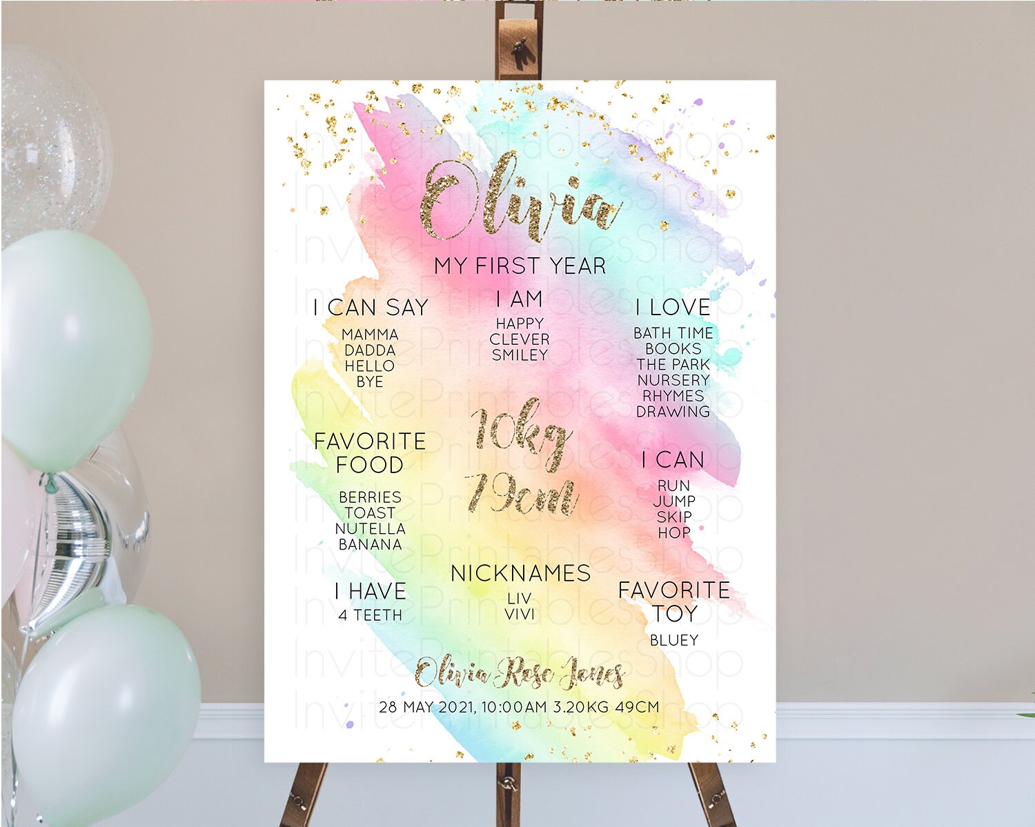 Editable Pastel First Birthday Milestone Board Pastel Rainbow Milestone Post