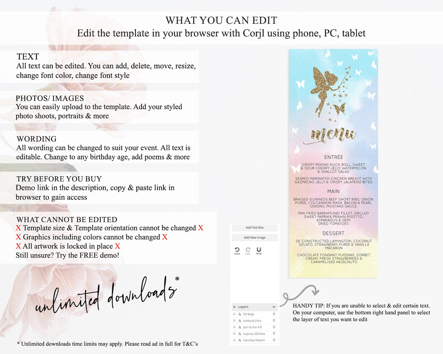 Fairy Menu Fairy Menu Template Enchanted Garden Pastel Floral Butterfly Table Décor Fairy Secret Garden Dinner Dessert Food Menu D10894