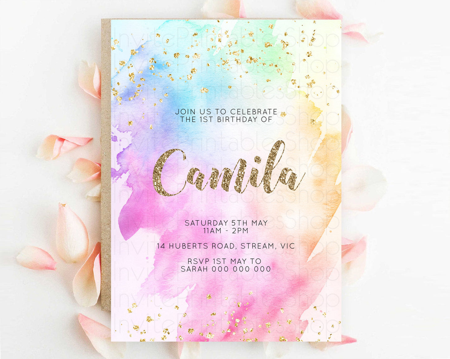 Rainbow Birthday Invitation Colorful Pastel Watercolor Invitation Gold Glitter Sprinkles Ombre Pastel 1st 2nd 3rd Birthday D10450