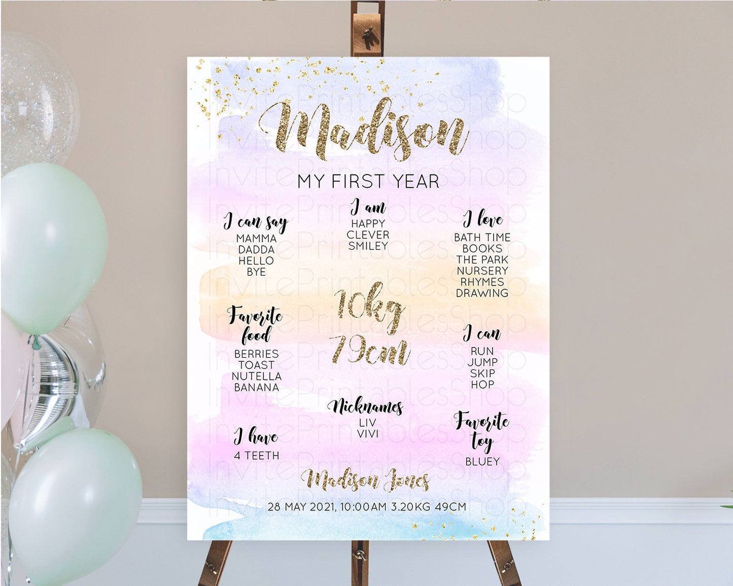 Pastel First Birthday Milestone Board Pastel Rainbow Milestone Poster Colorful Confetti Watercolor Glitter 1st Birthday Welcome Sign D10595