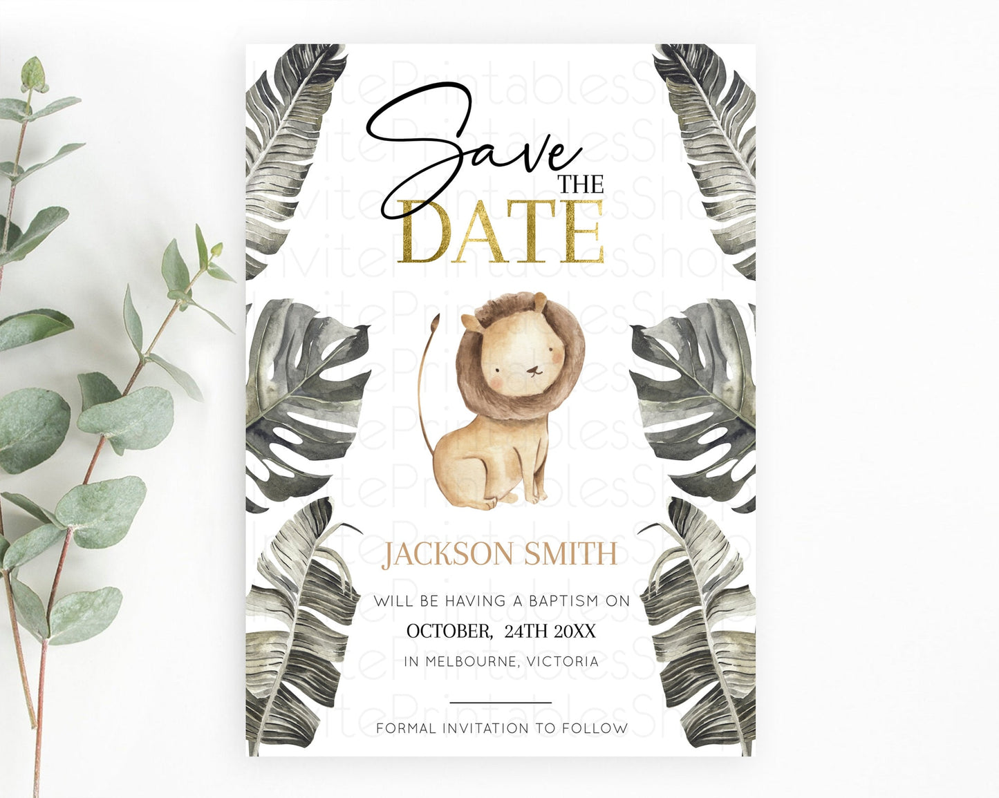 Safari Save The Date Template Lion Gorilla Elephant Rhino Animals Party Tropical Palm Zoo Theme For 1st Birthday Baptism Baby Shower D10599