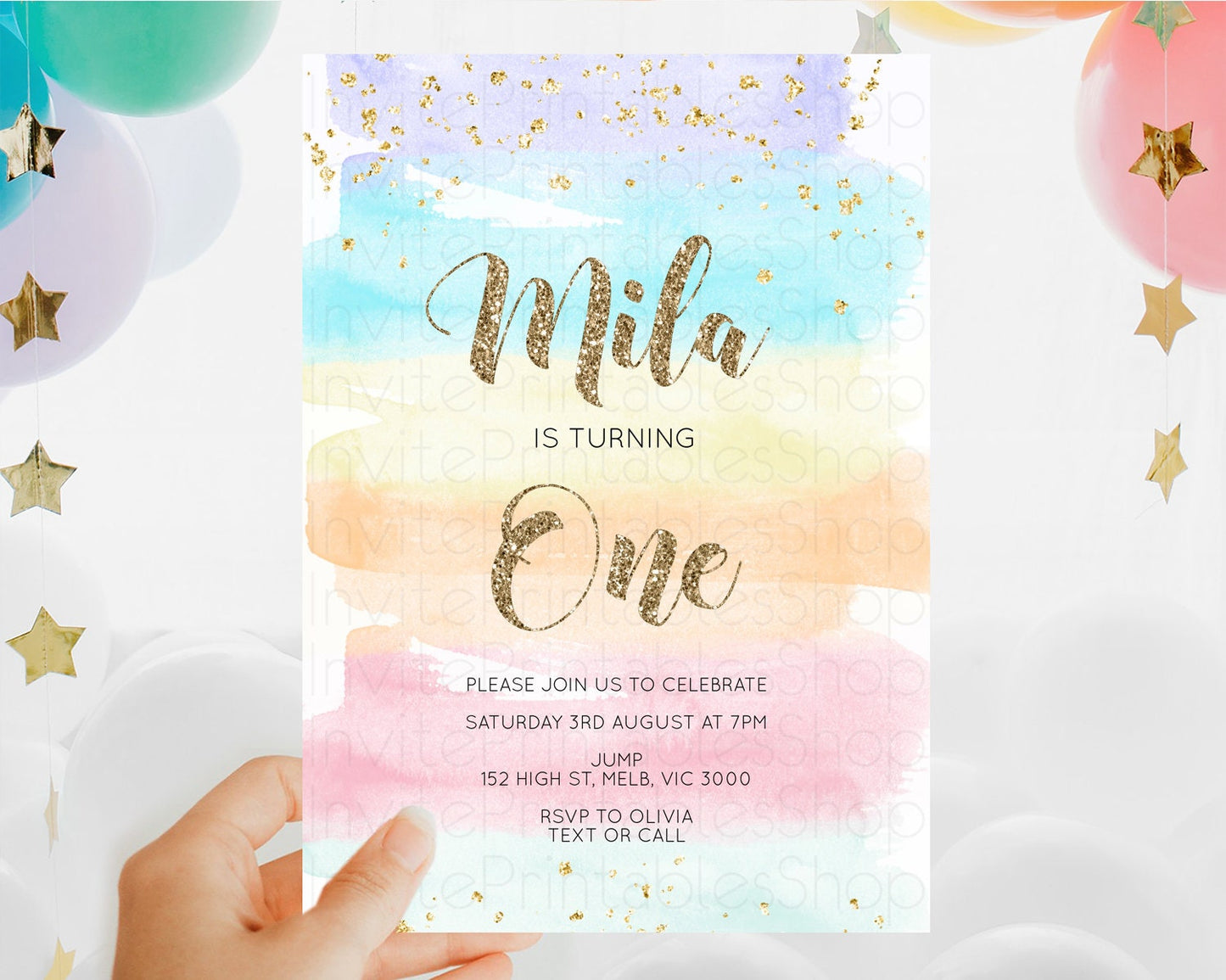 Rainbow Birthday Invitation Colorful Pastel Watercolor Invitation Gold Glitter Sprinkles Ombre Pastel 1st 2nd 3rd Birthday D10508