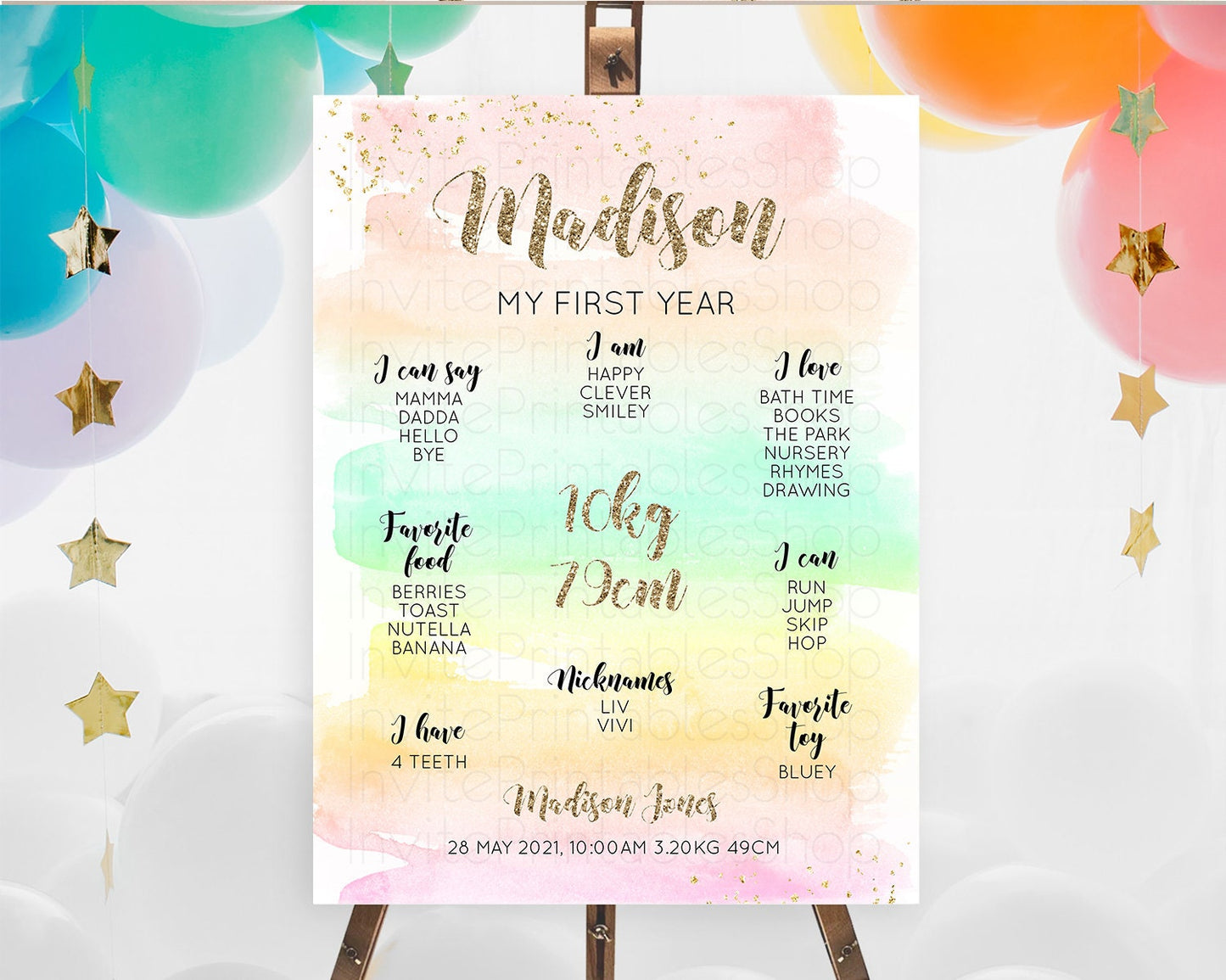 Pastel First Birthday Milestone Board Pastel Rainbow Milestone Poster Colorful Confetti Watercolor Glitter 1st Birthday Welcome Sign D10592