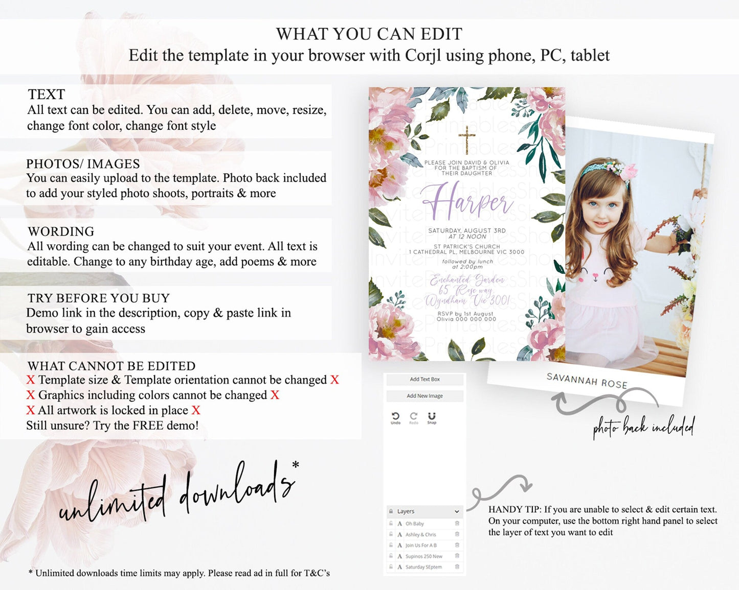 Secret Garden Baptism Invitation Wildflower Baptism Birthday Invite Pastel Flowers Christening Invite Enchanted Garden Boho Floral D10729
