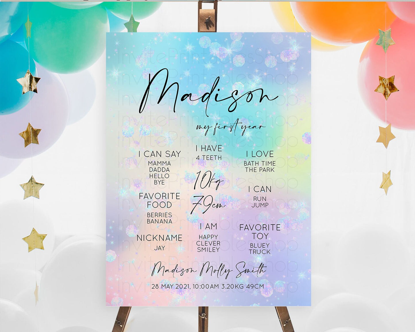 Rainbow First Birthday Milestone Poster Colorful Pastel Watercolor Iridescent Sprinkles Ombre Pastel Milestone Board First Birthday D10665