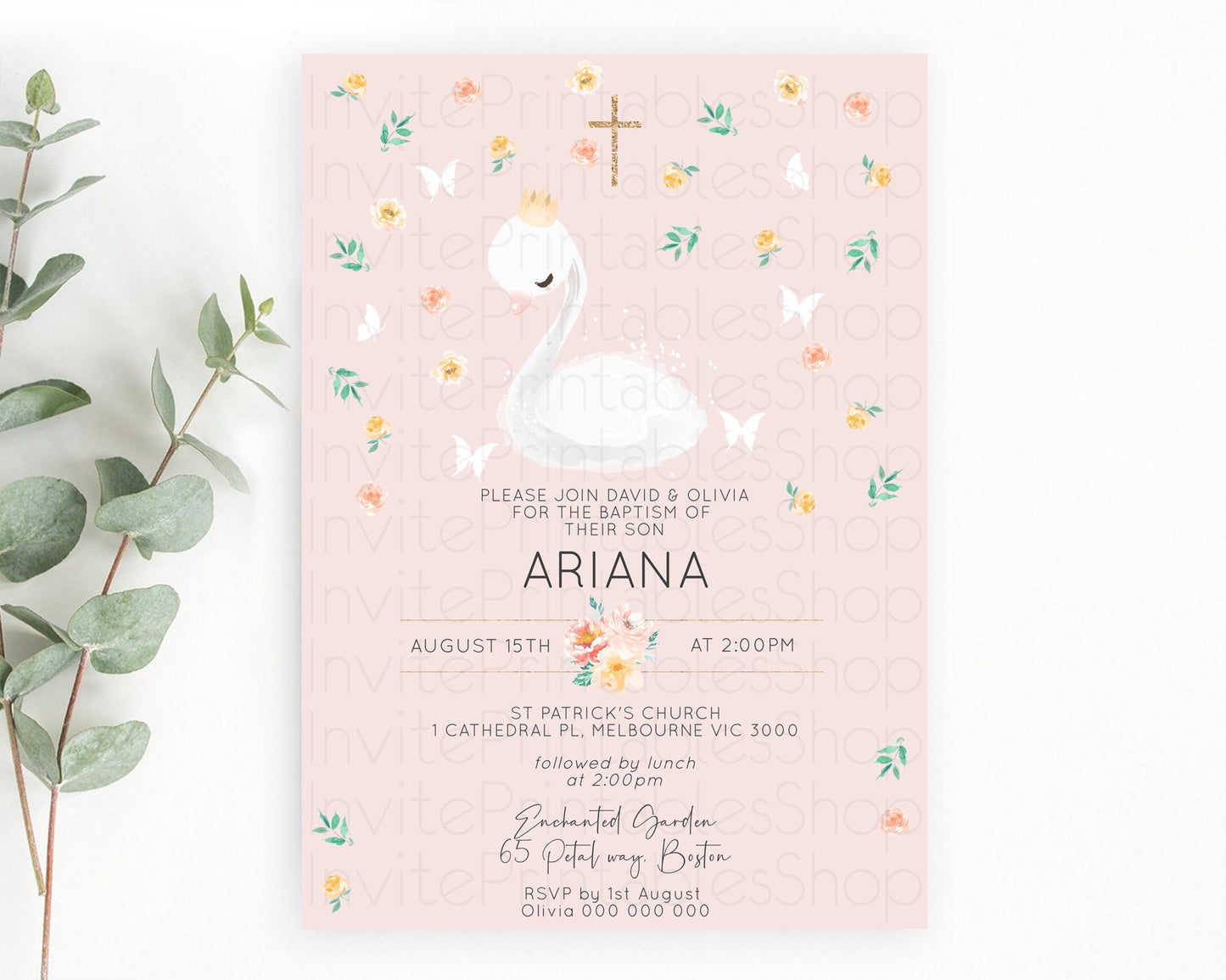 Swan Lake Baptism Invitation Swan Princess Ballet Baptism 1st Birthday Enchanted Forest Secret Garden Watercolour Pastel Floral D10388