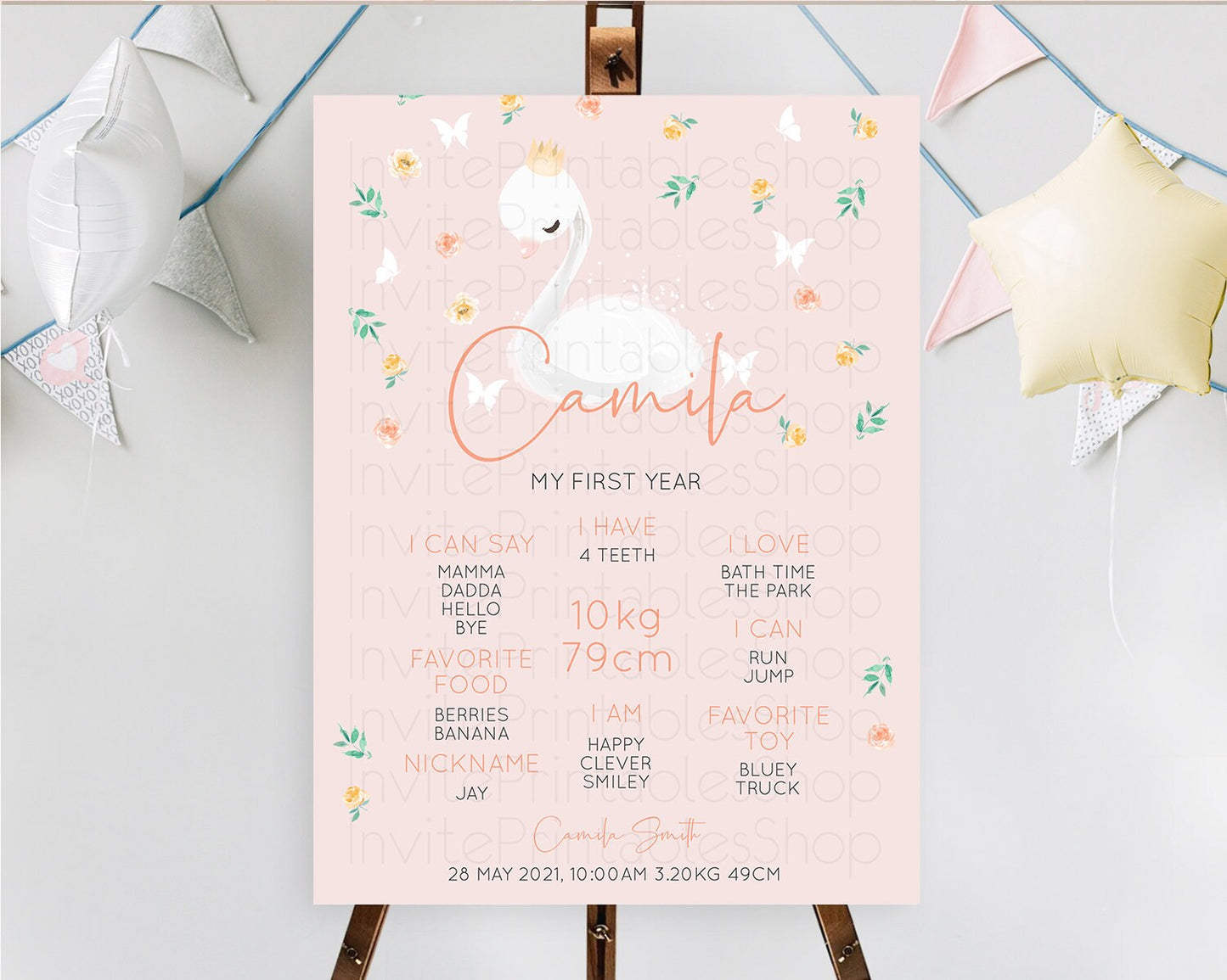 Swan First Birthday Milestone Poster Swan Princess Ballet Milestone Board Enchanted Forest Swan Lake Secret Garden Pastel Floral D10388